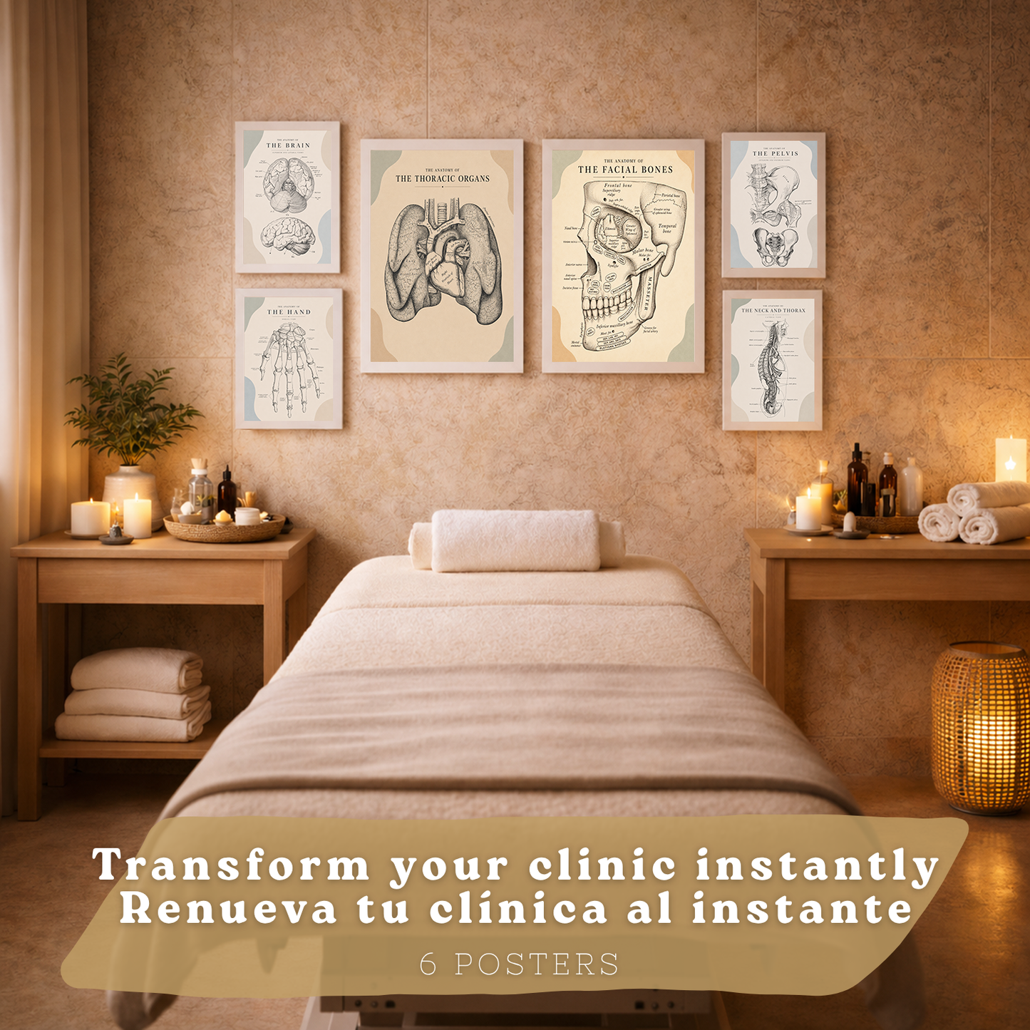 Set de 6 Láminas Anatómicas Posters Médicos con Cerebro, Pulmones, Corazón, Pelvis, Mano Humana, Huesos Faciales y Anatomía del Cuello, Cuadros Decorativos para consultas