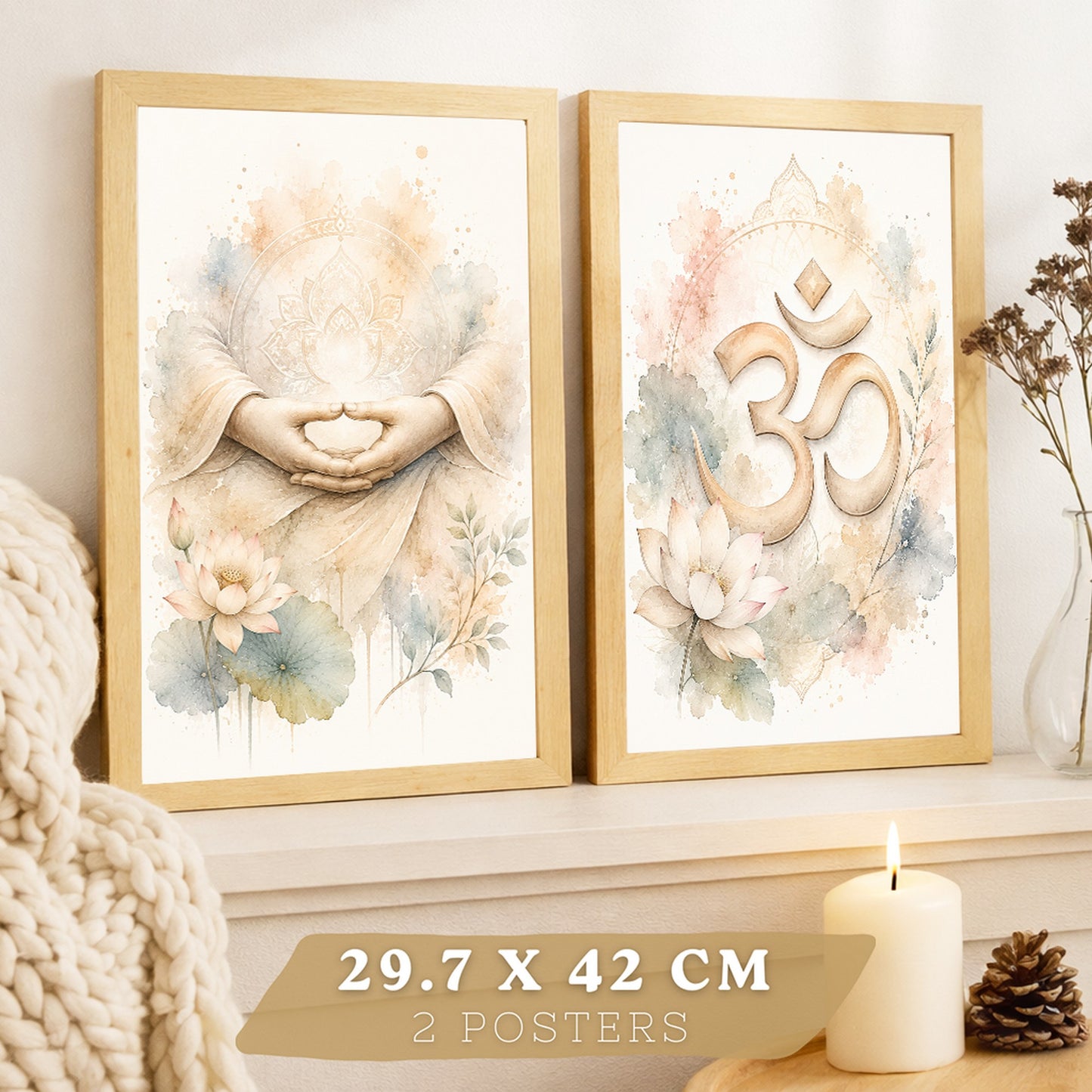 Posters Espirituales con Arte de Manos de Meditación y Símbolo Om