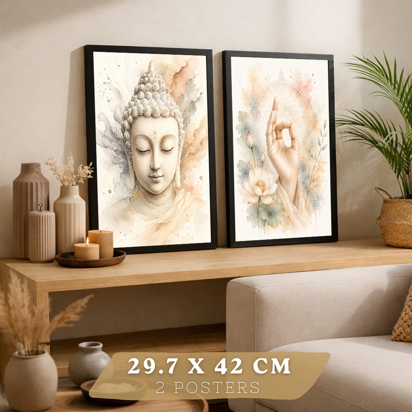 Posters Espirituales con Buda y Mano de Meditación Acuarela