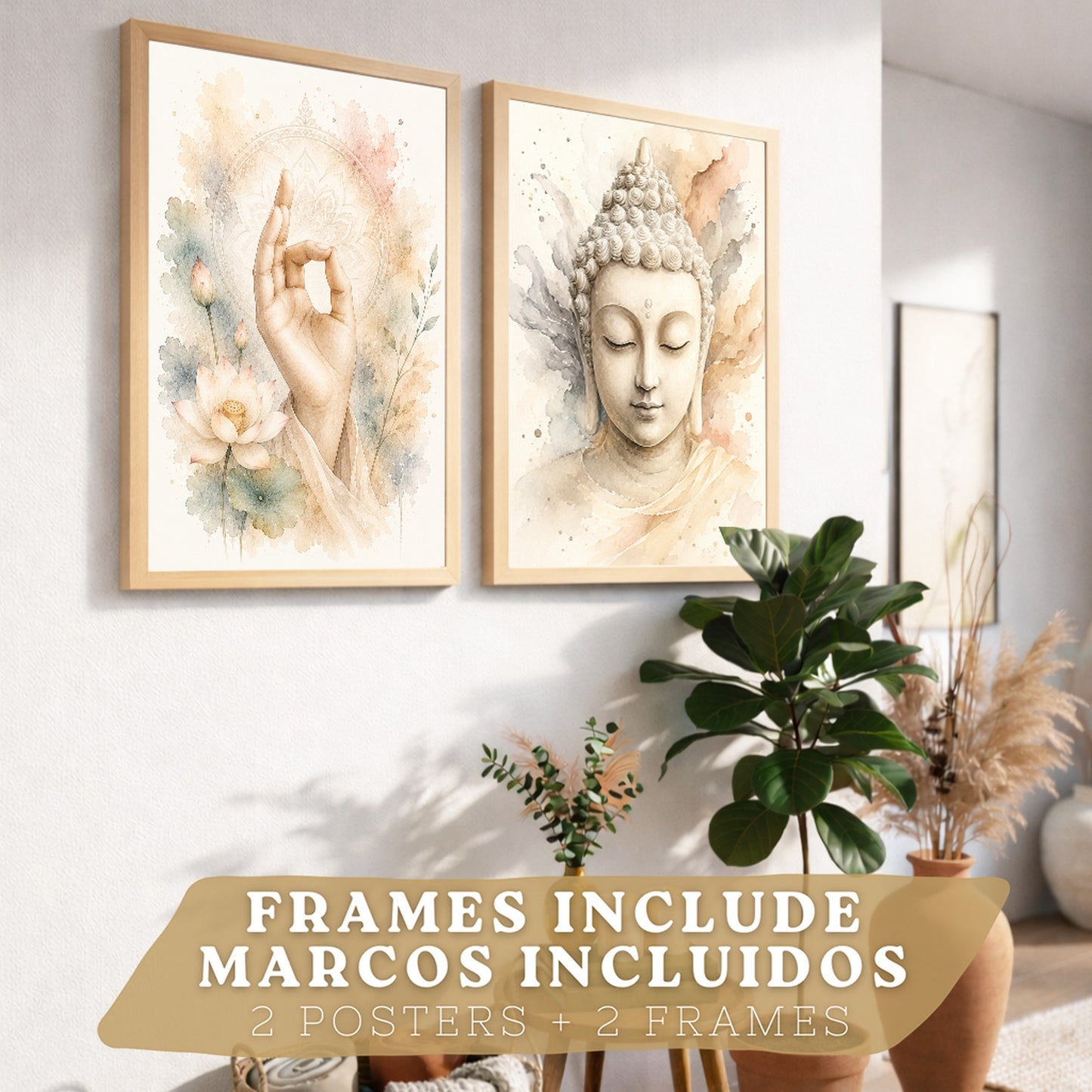 Posters Espirituales con Buda y Mano de Meditación Acuarela