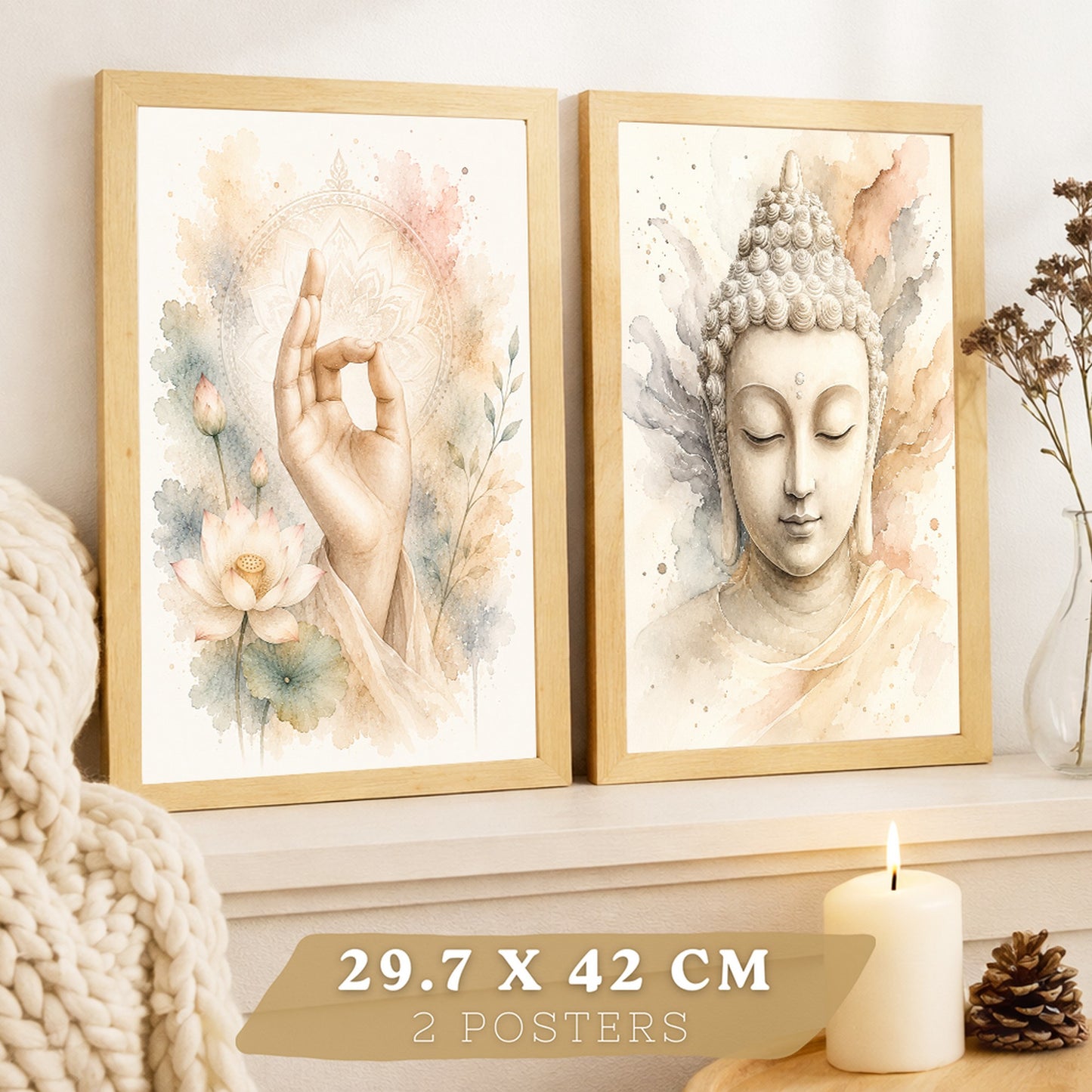 Posters Espirituales con Buda y Mano de Meditación Acuarela