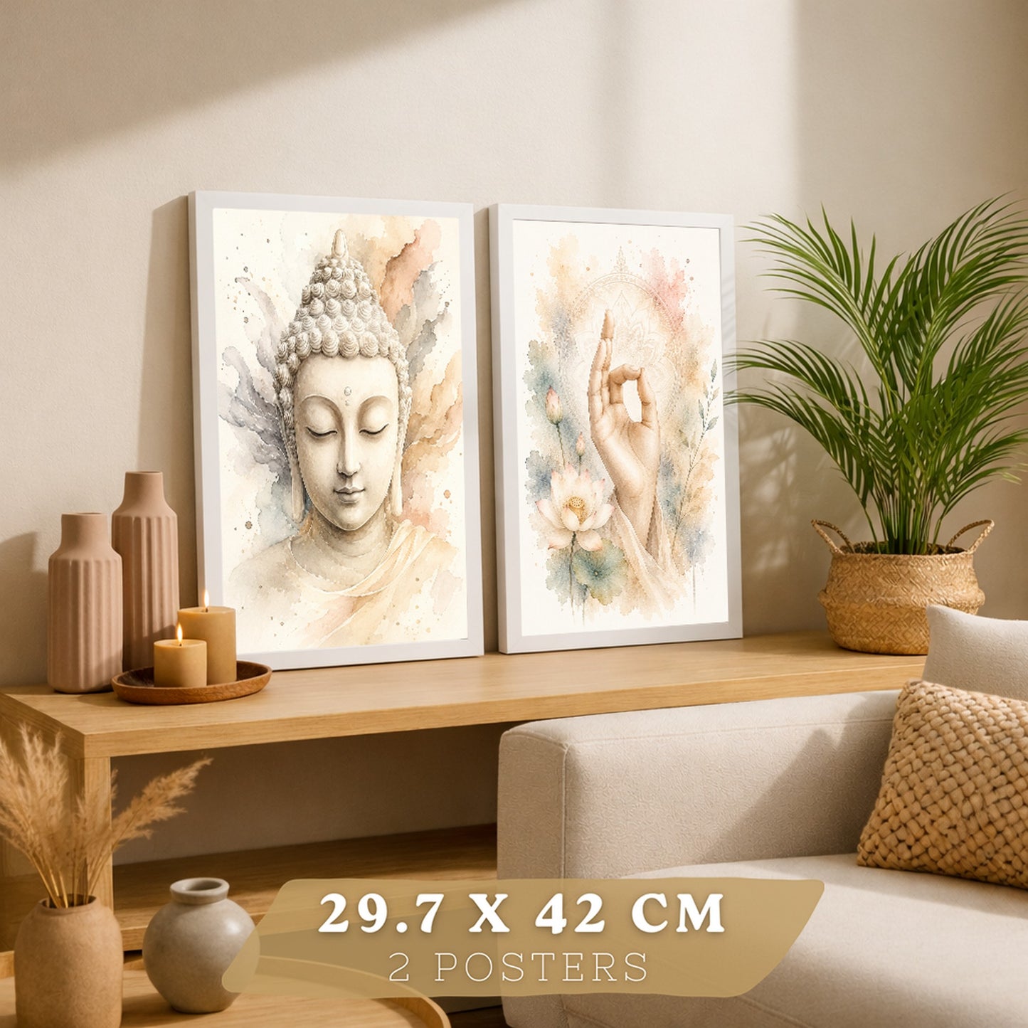 Posters Espirituales con Buda y Mano de Meditación Acuarela