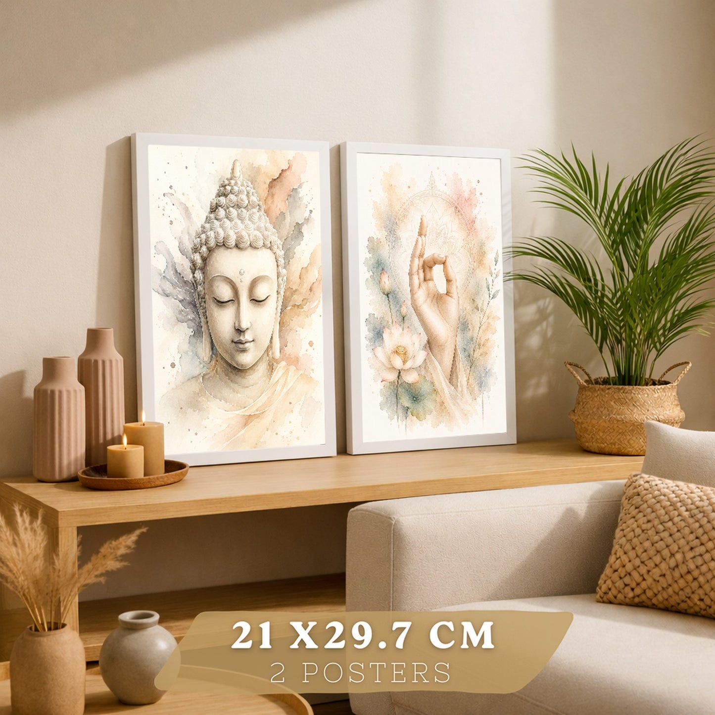 Posters Espirituales con Buda y Mano de Meditación Acuarela