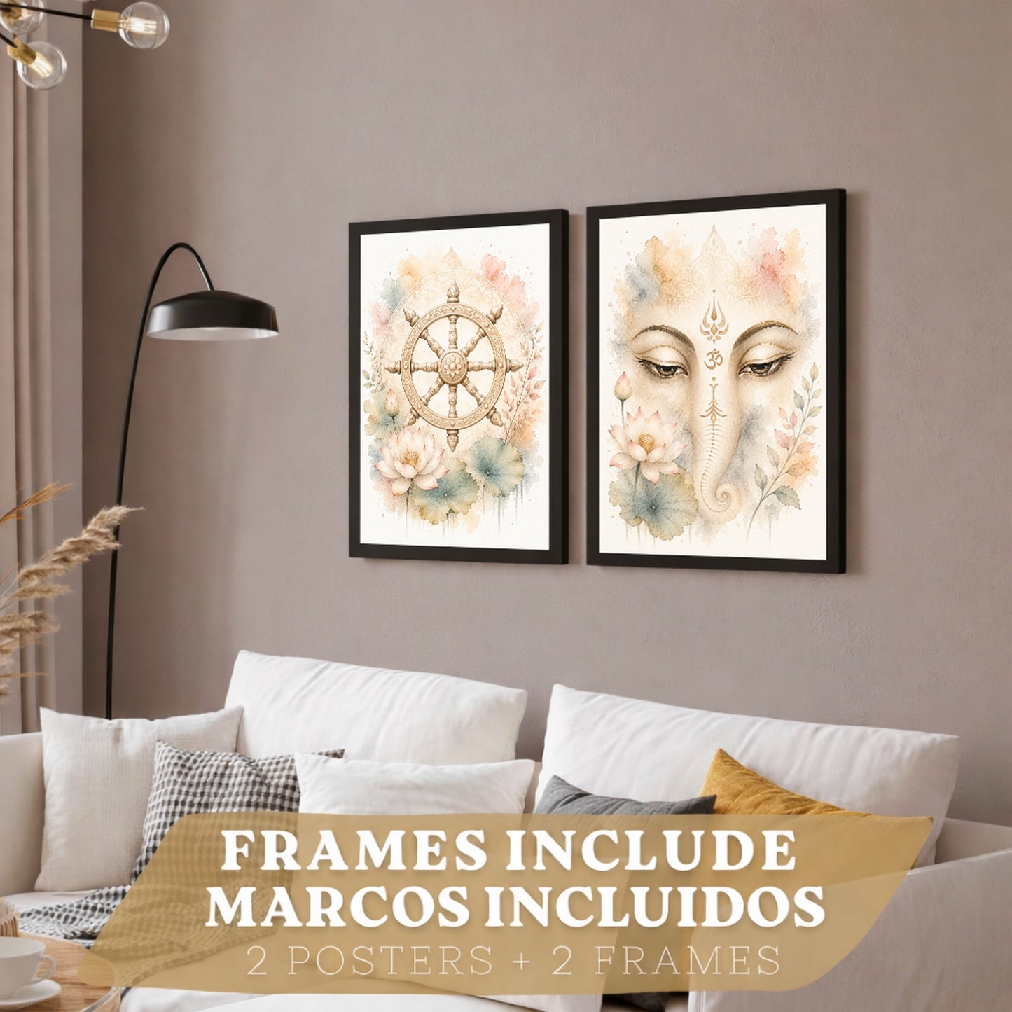 Posters Espirituales con Arte de Rueda del Dharma y Ganesha
