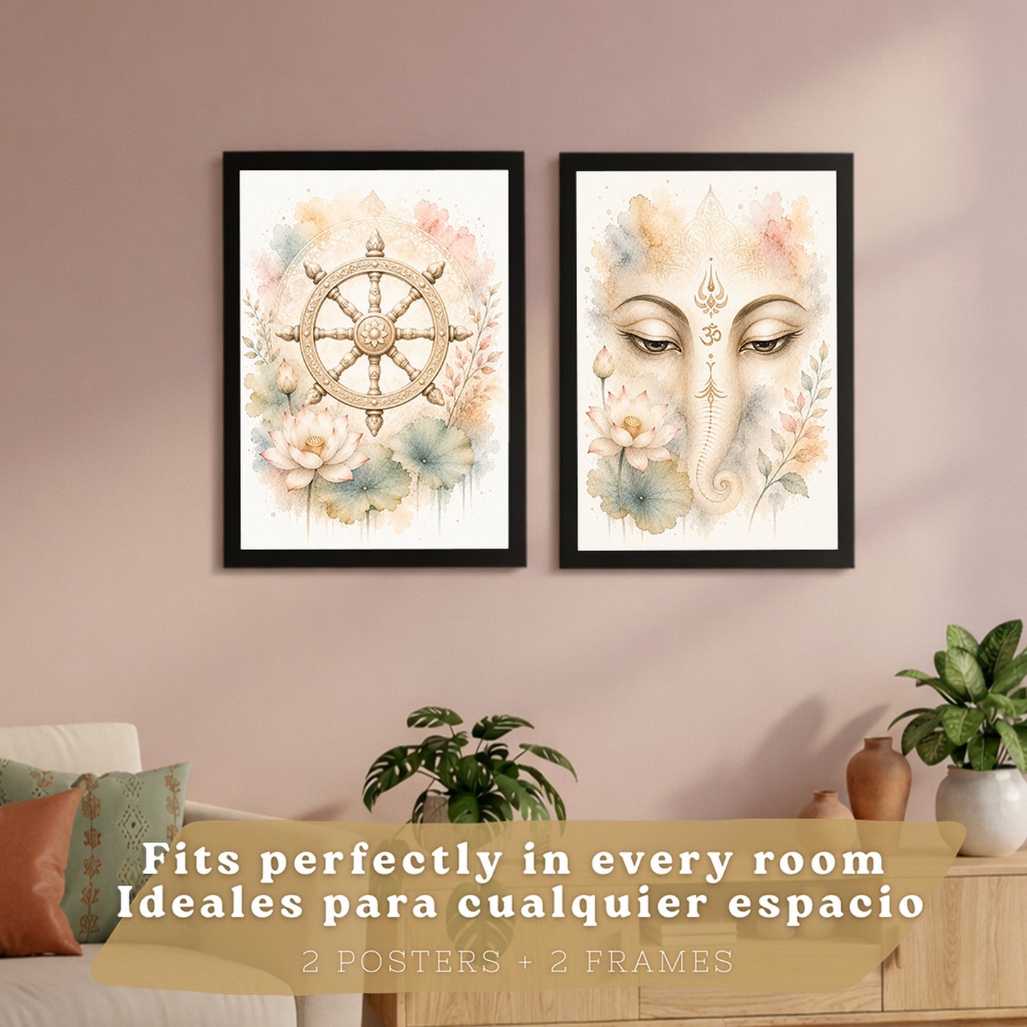 Posters Espirituales con Arte de Rueda del Dharma y Ganesha
