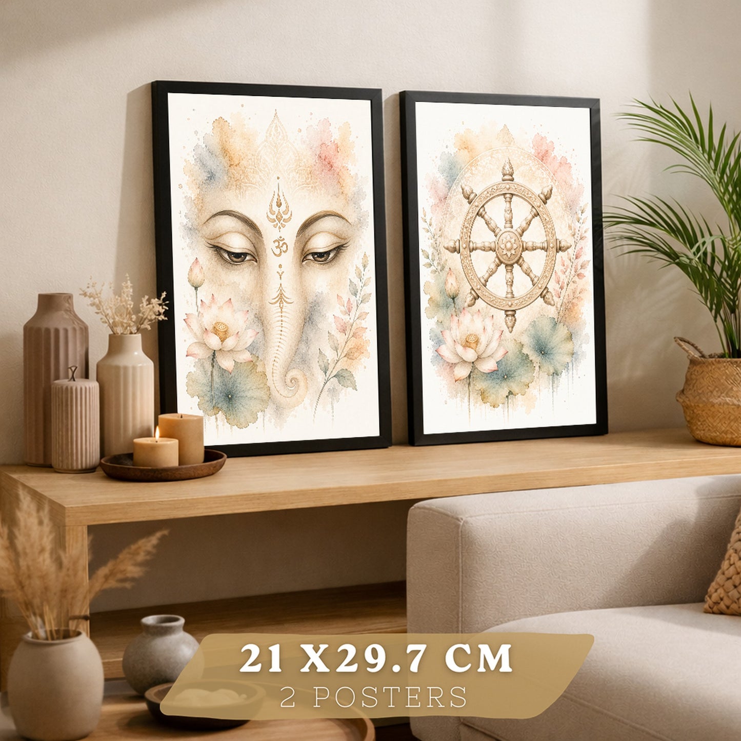 Posters Espirituales con Arte de Rueda del Dharma y Ganesha