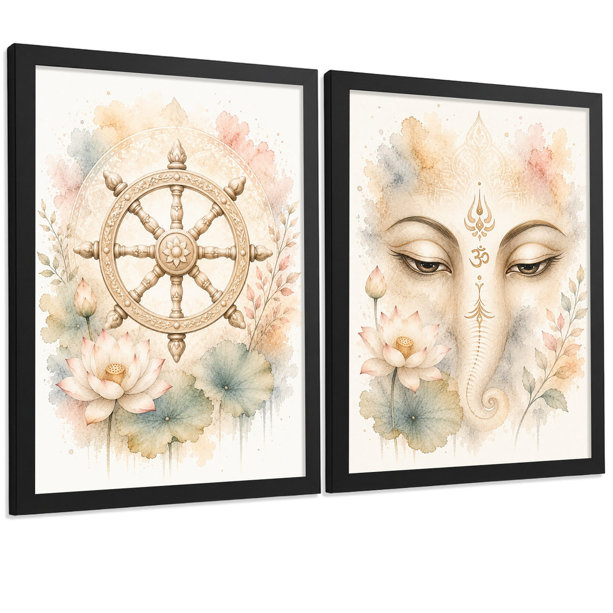 Posters Espirituales con Arte de Rueda del Dharma y Ganesha