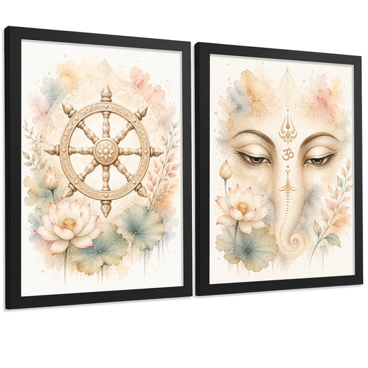 Posters Espirituales con Arte de Rueda del Dharma y Ganesha