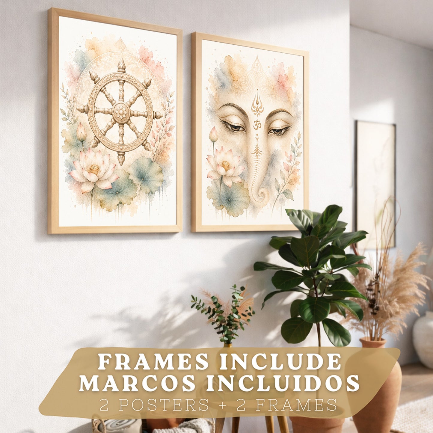 Posters Espirituales con Arte de Rueda del Dharma y Ganesha