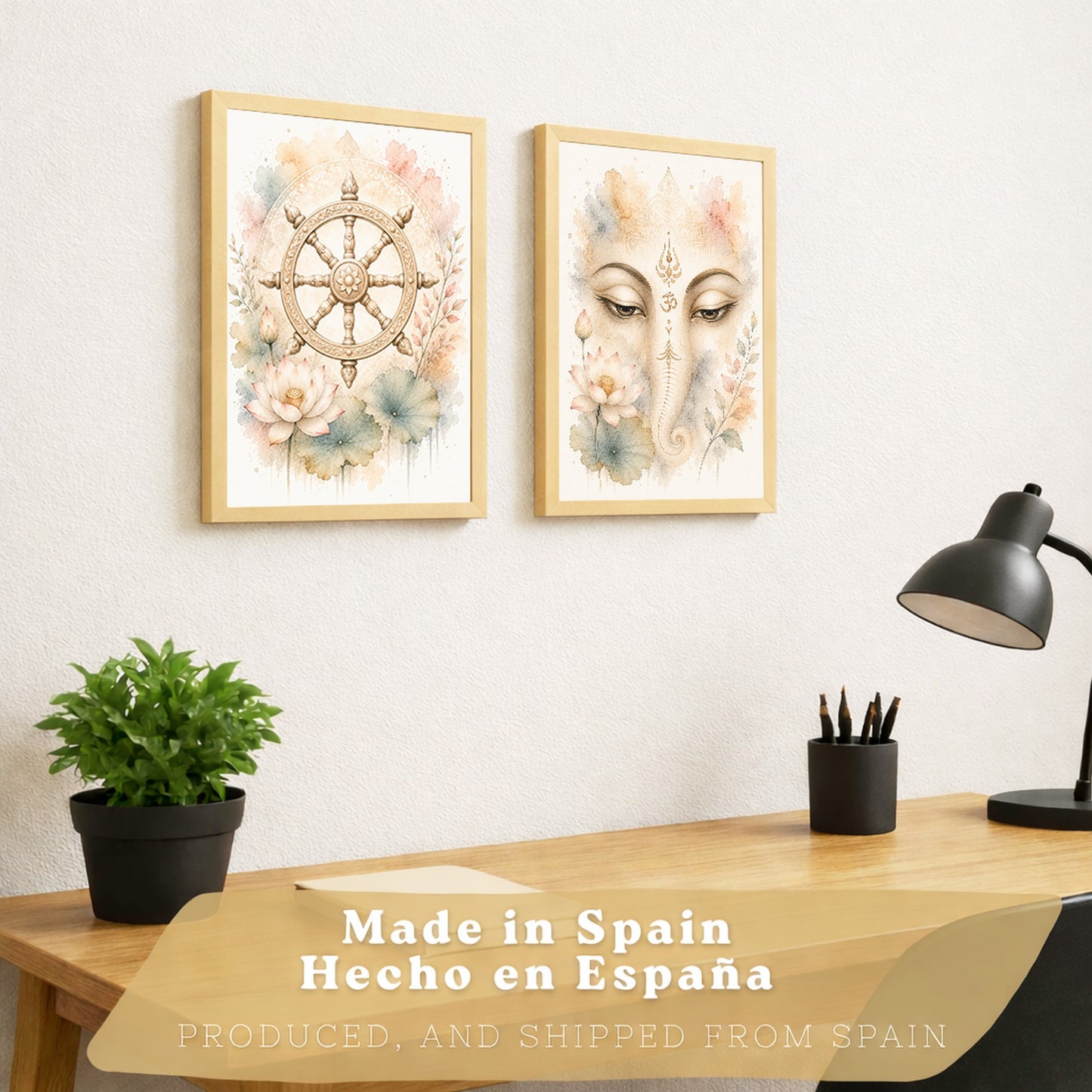 Posters Espirituales con Arte de Rueda del Dharma y Ganesha