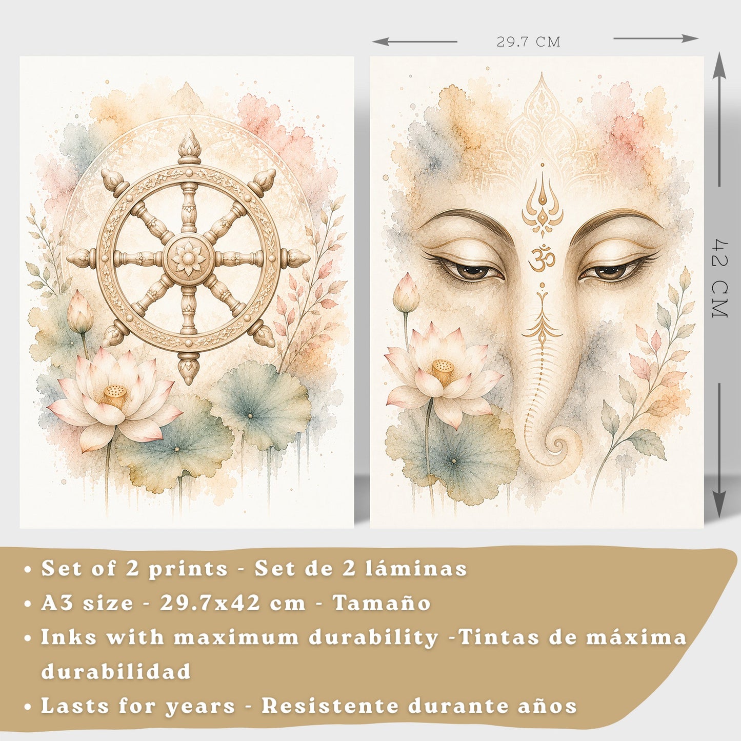 Posters Espirituales con Arte de Rueda del Dharma y Ganesha
