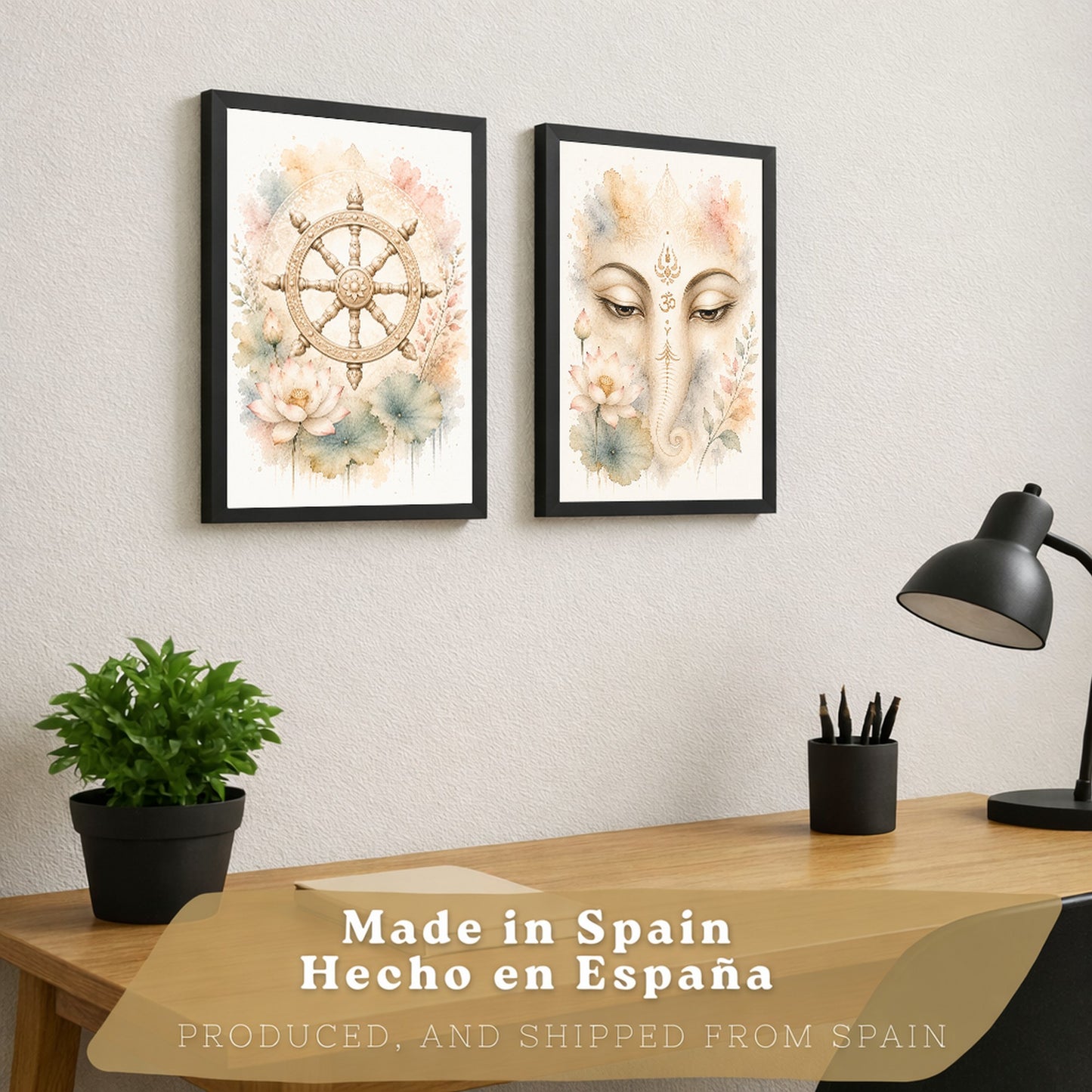 Posters Espirituales con Arte de Rueda del Dharma y Ganesha