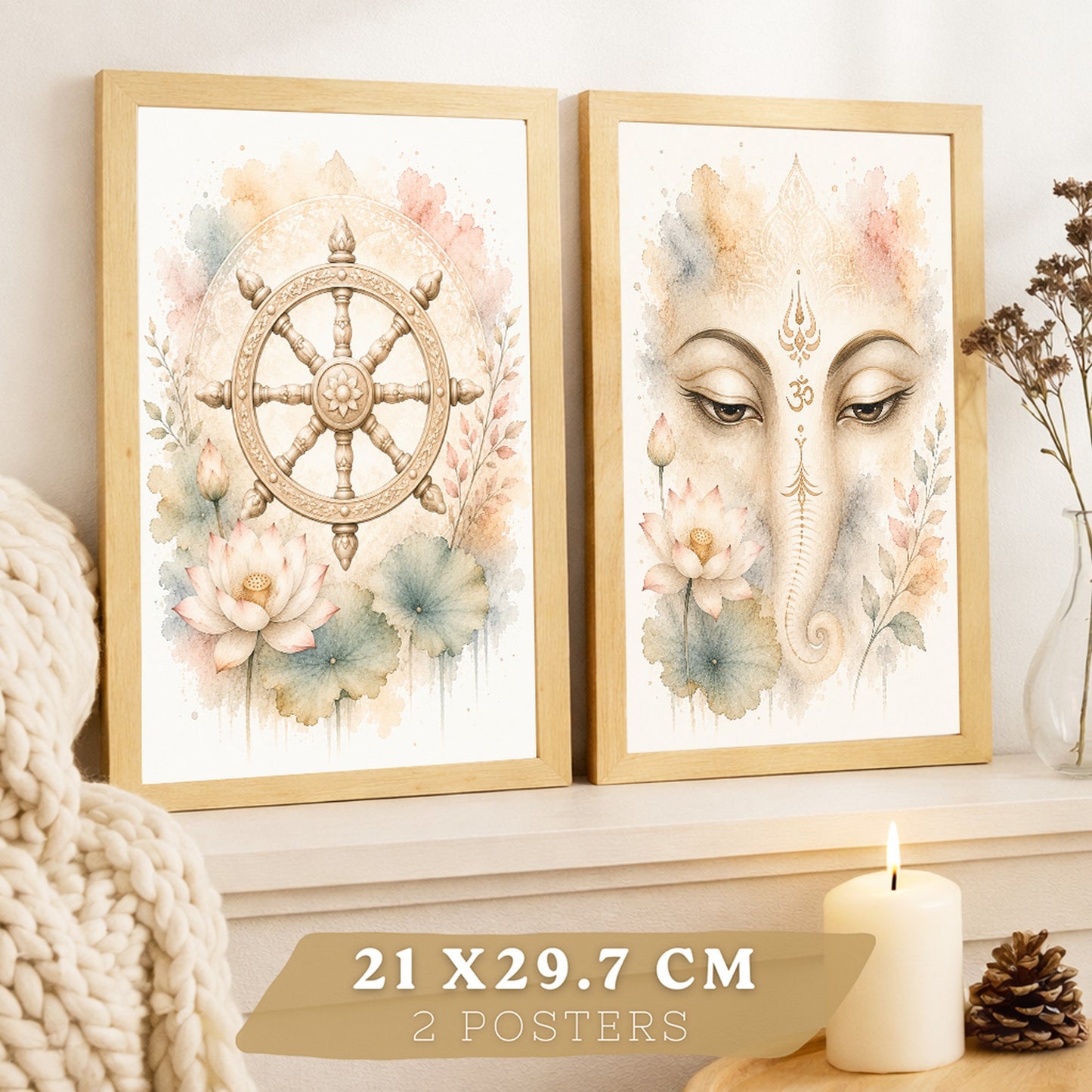 Posters Espirituales con Arte de Rueda del Dharma y Ganesha