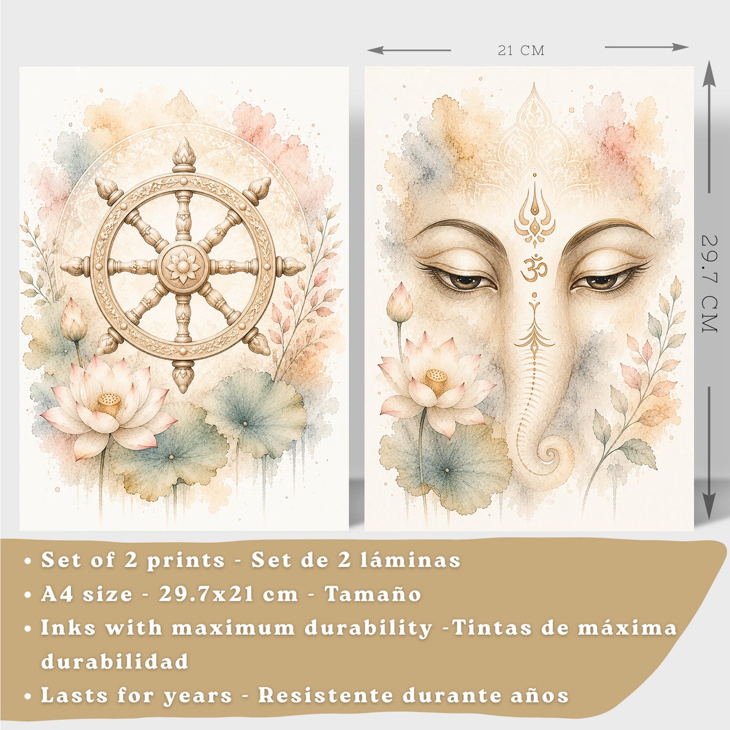 Posters Espirituales con Arte de Rueda del Dharma y Ganesha