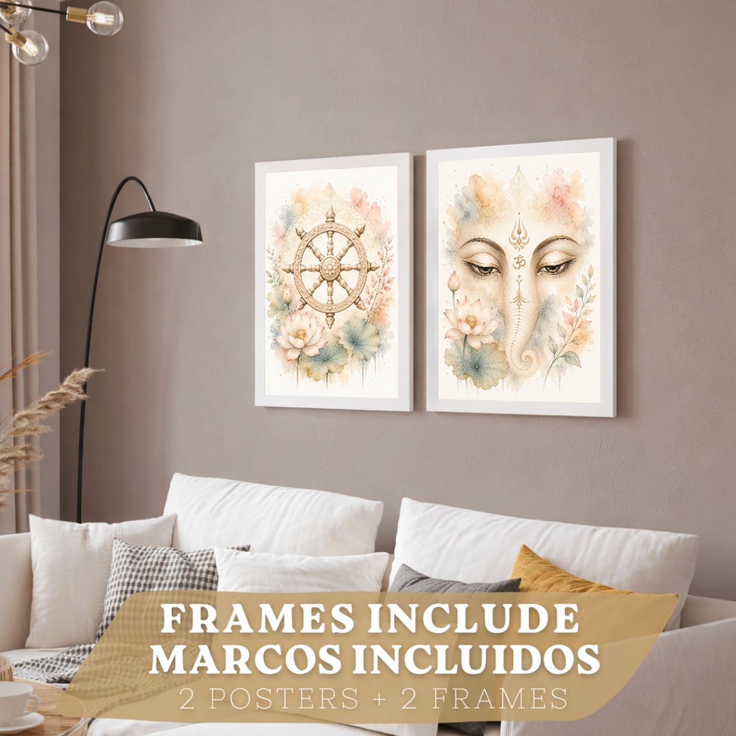 Posters Espirituales con Arte de Rueda del Dharma y Ganesha