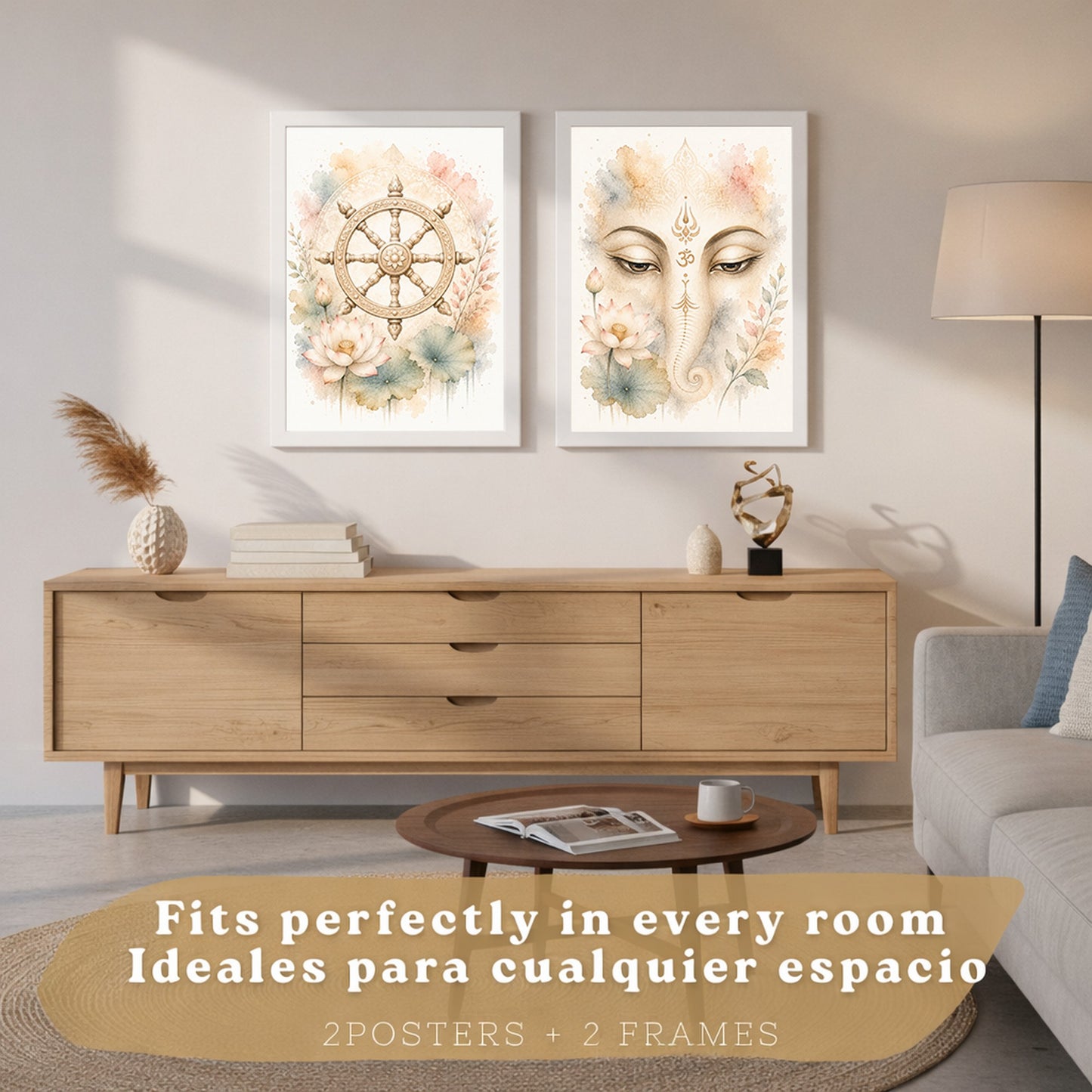 Posters Espirituales con Arte de Rueda del Dharma y Ganesha
