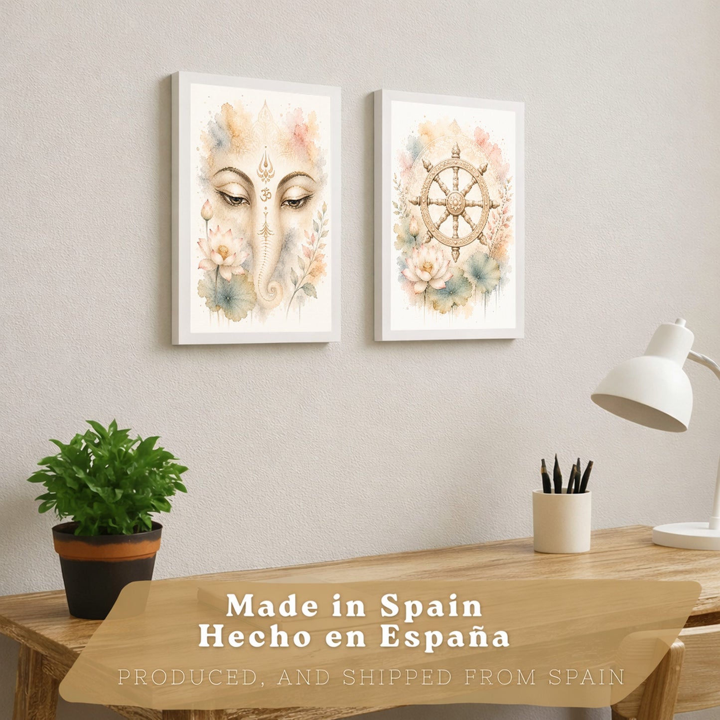 Posters Espirituales con Arte de Rueda del Dharma y Ganesha