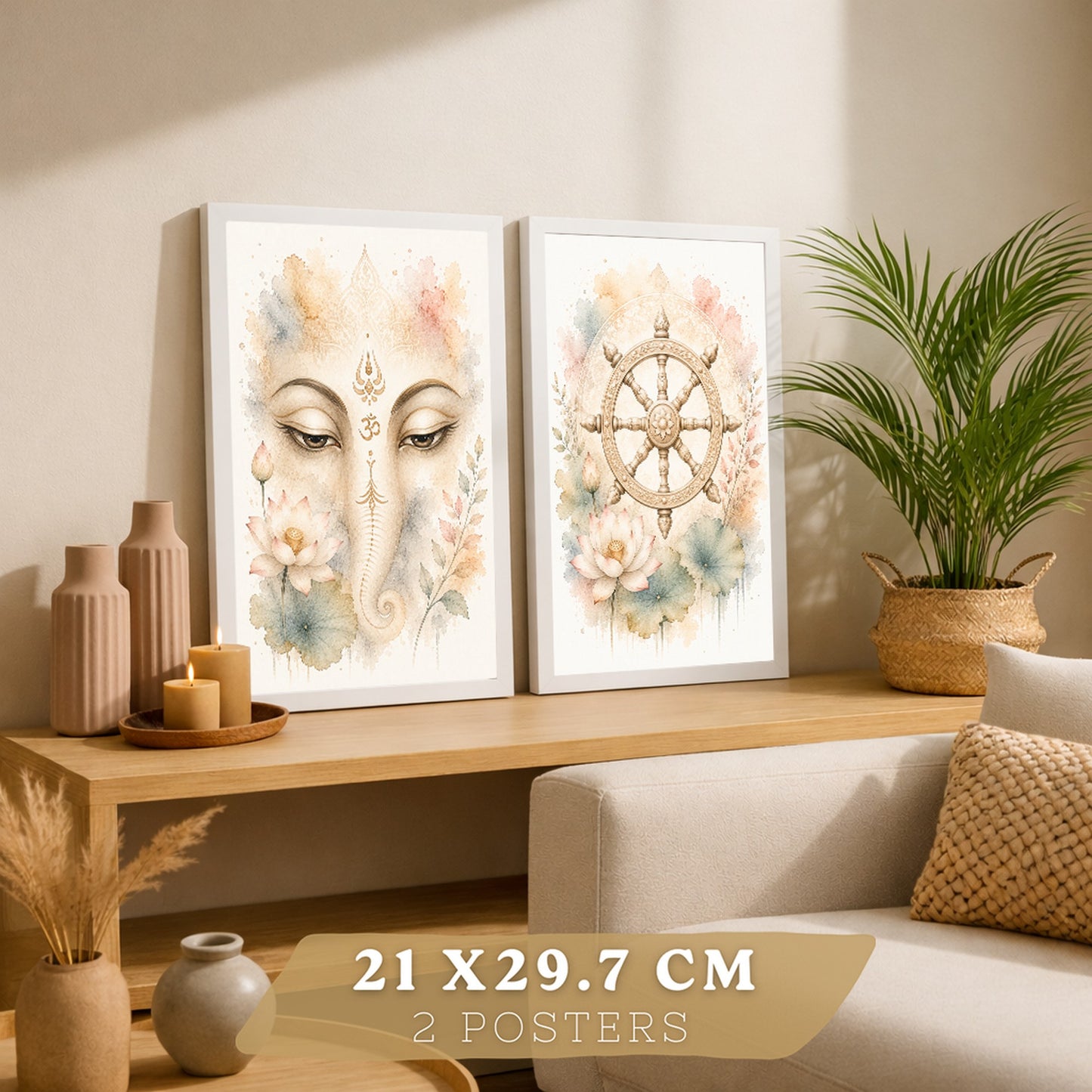 Posters Espirituales con Arte de Rueda del Dharma y Ganesha
