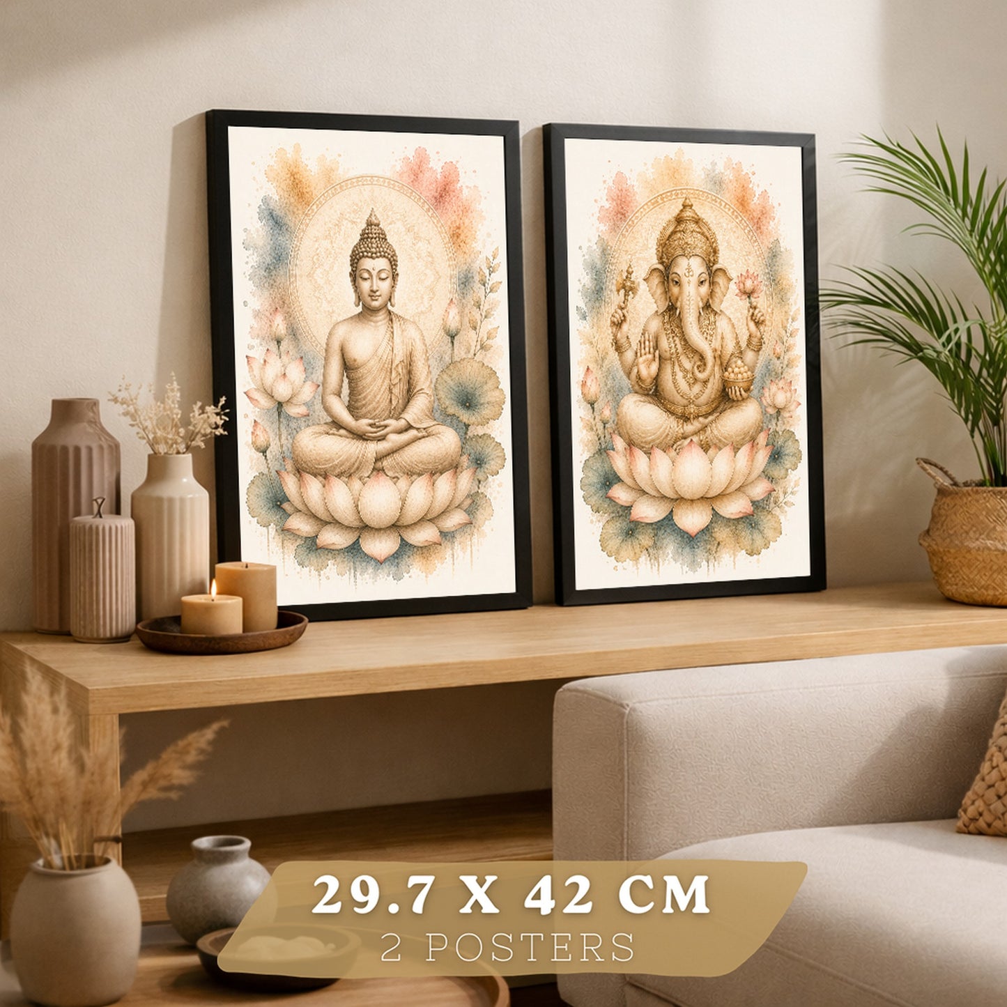 Posters decorativas de Buda y Ganesha con Arte Acuarela Boho Suave