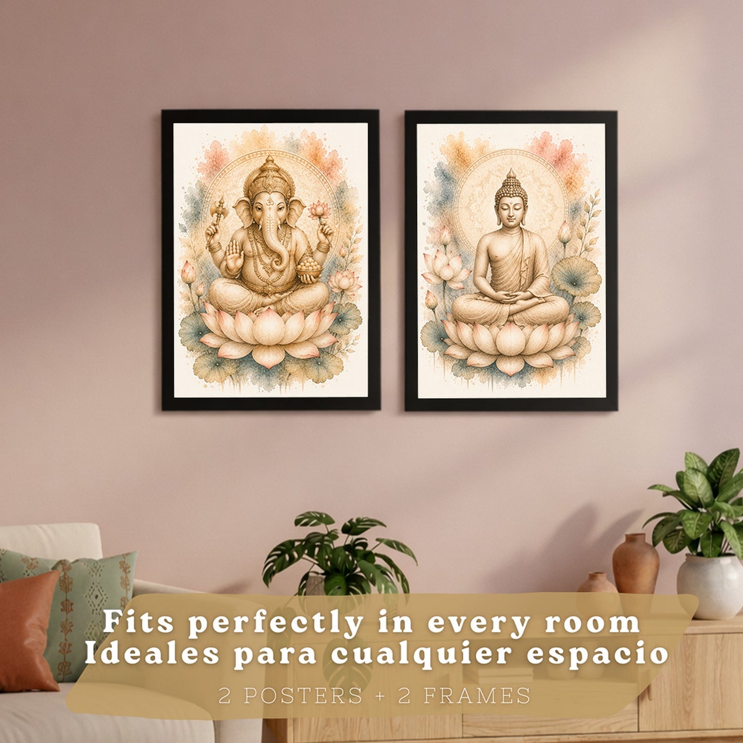 Posters decorativas de Buda y Ganesha con Arte Acuarela Boho Suave