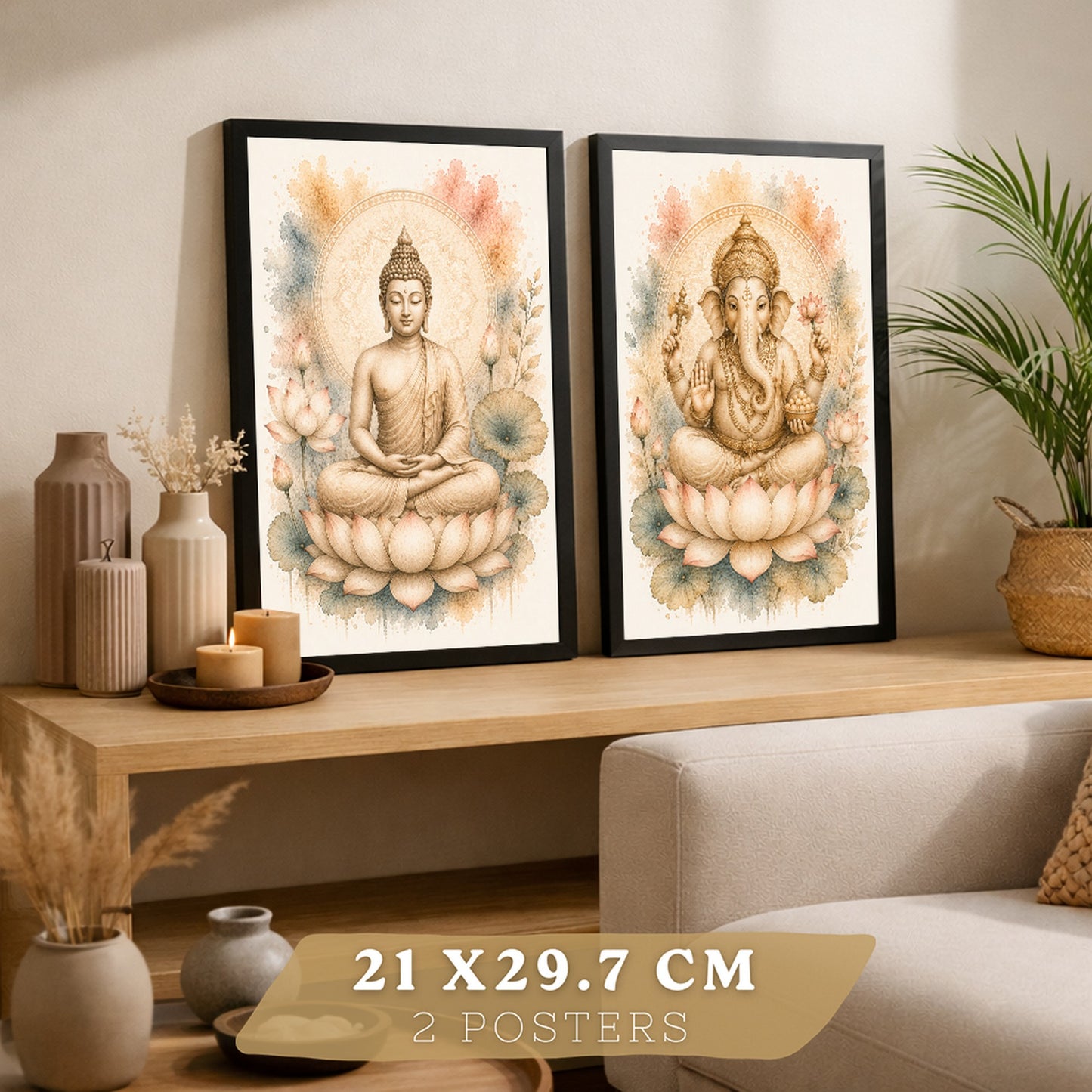 Posters decorativas de Buda y Ganesha con Arte Acuarela Boho Suave