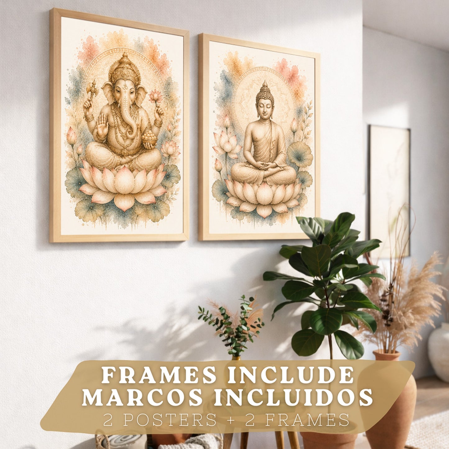 Posters decorativas de Buda y Ganesha con Arte Acuarela Boho Suave