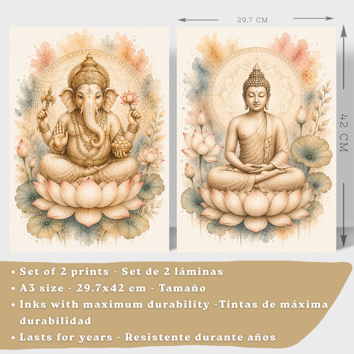 Posters decorativas de Buda y Ganesha con Arte Acuarela Boho Suave