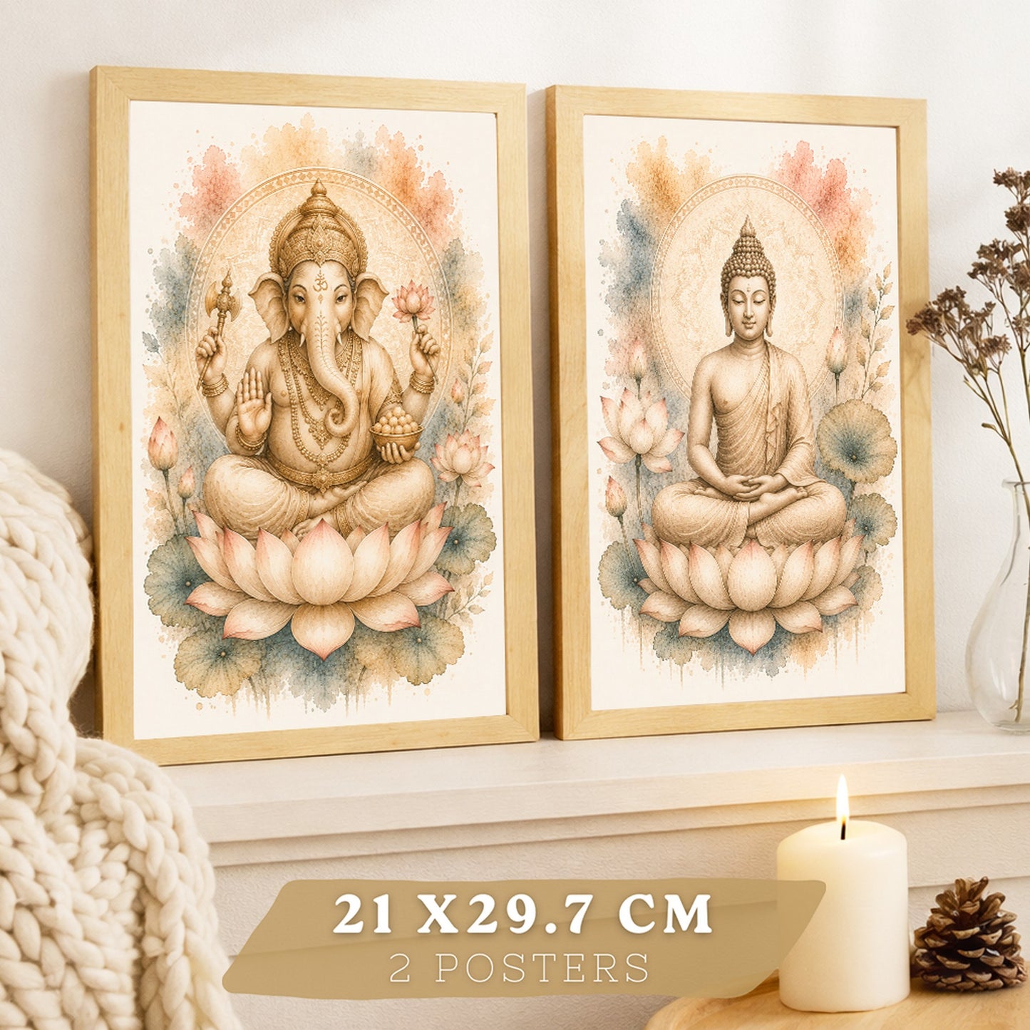 Posters decorativas de Buda y Ganesha con Arte Acuarela Boho Suave