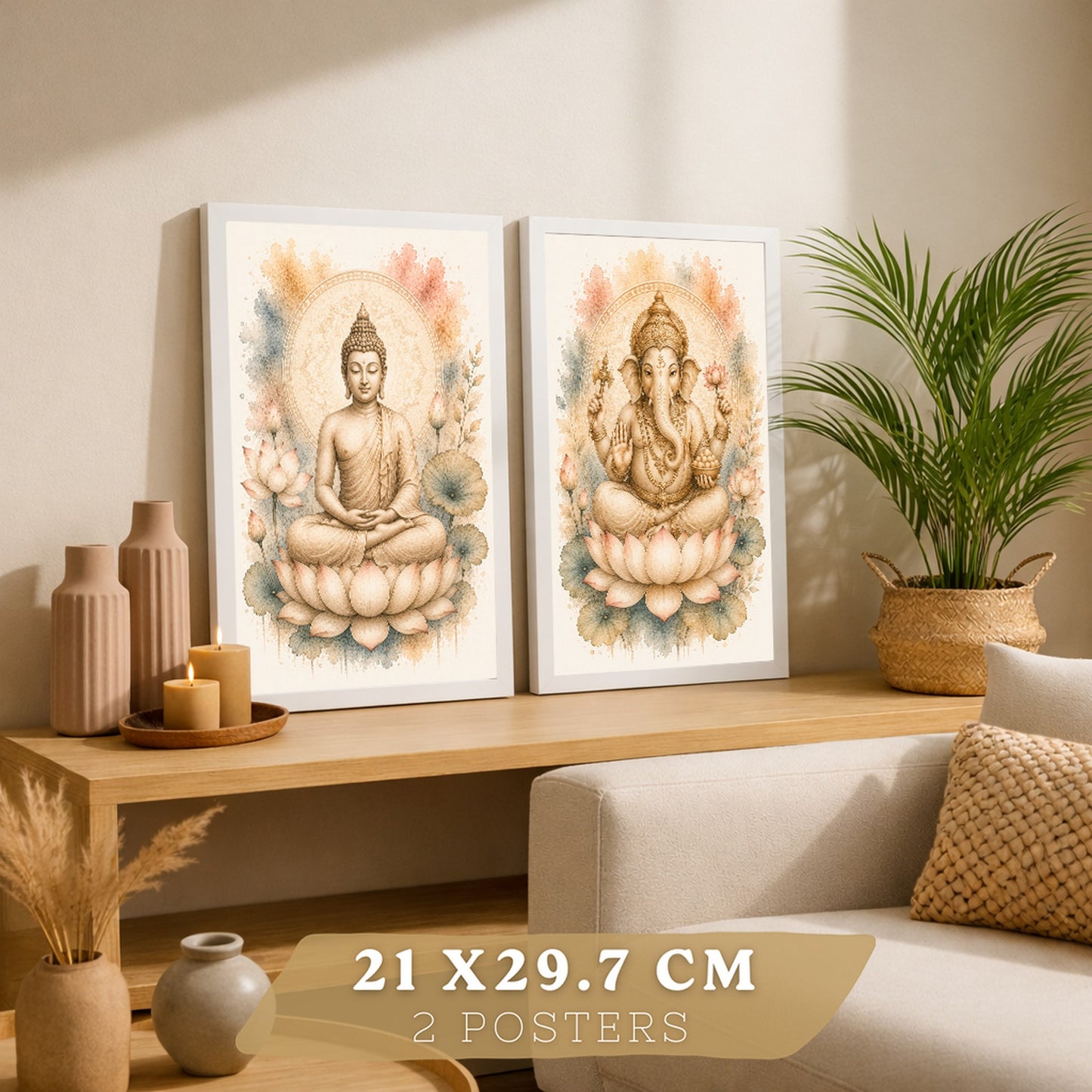 Posters decorativas de Buda y Ganesha con Arte Acuarela Boho Suave