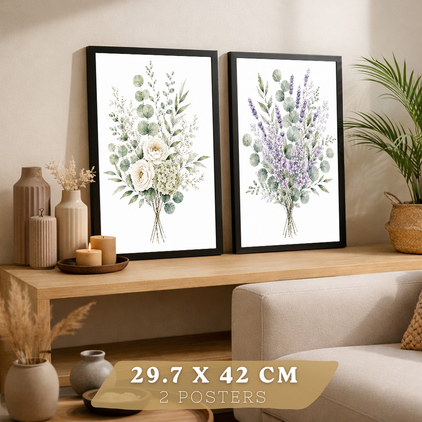 Posters Florales de Eucalipto con Lavanda y Flores Blancas
