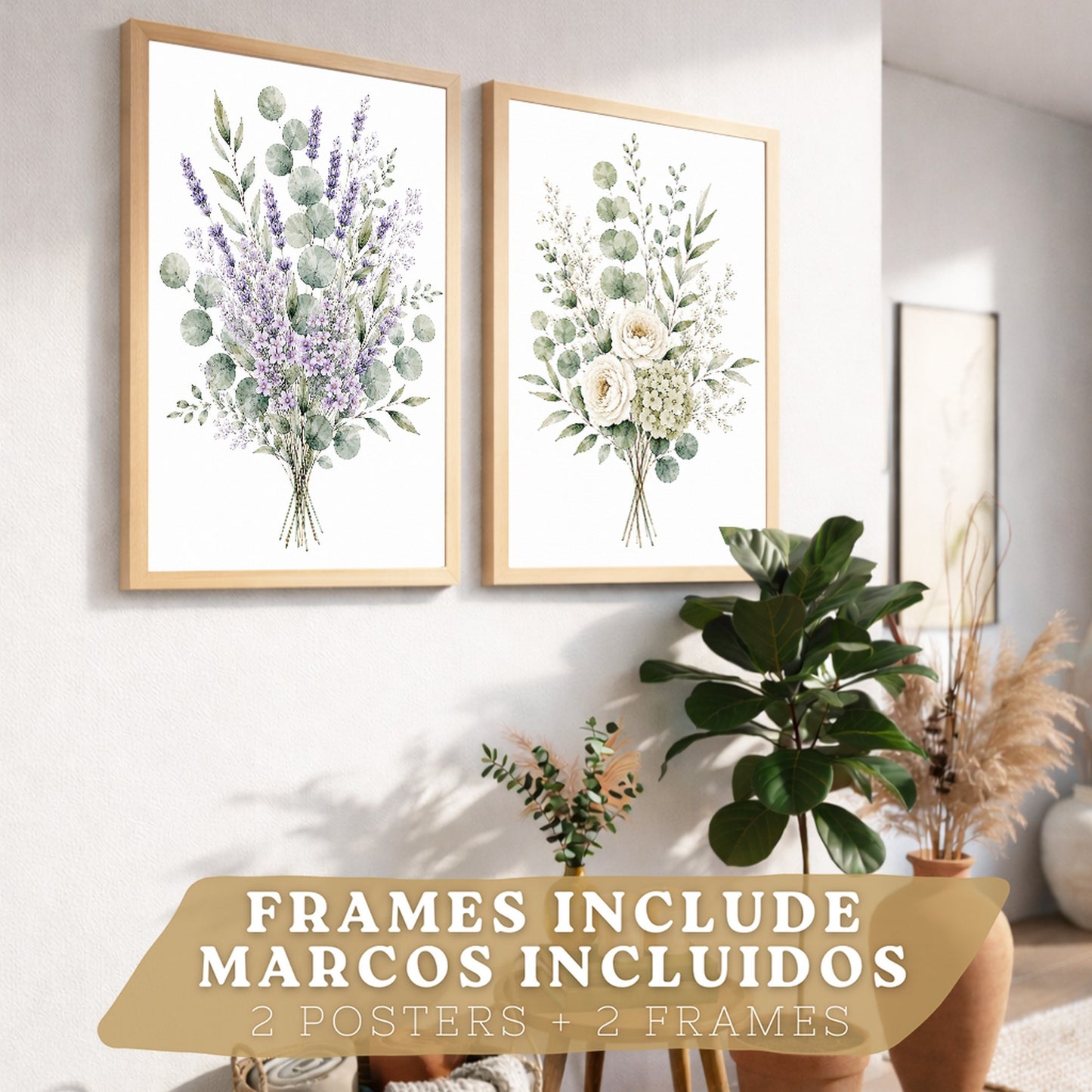 Posters Florales de Eucalipto con Lavanda y Flores Blancas