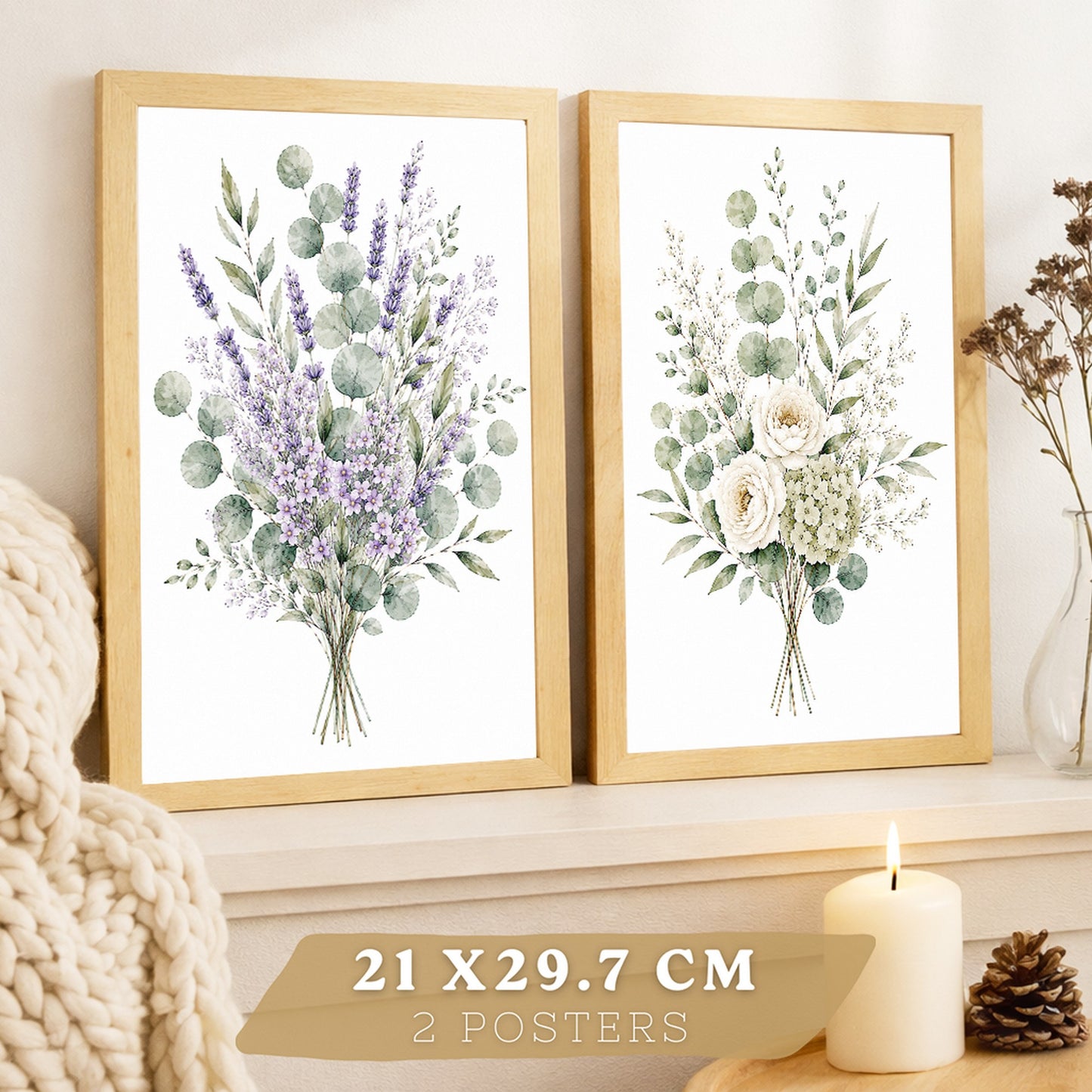 Posters Florales de Eucalipto con Lavanda y Flores Blancas