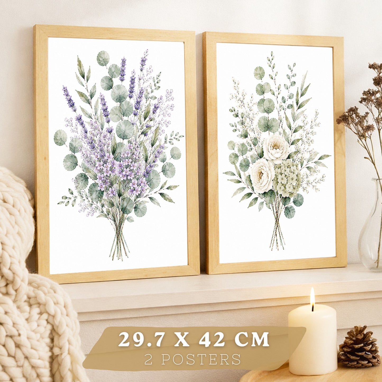 Posters Florales de Eucalipto con Lavanda y Flores Blancas