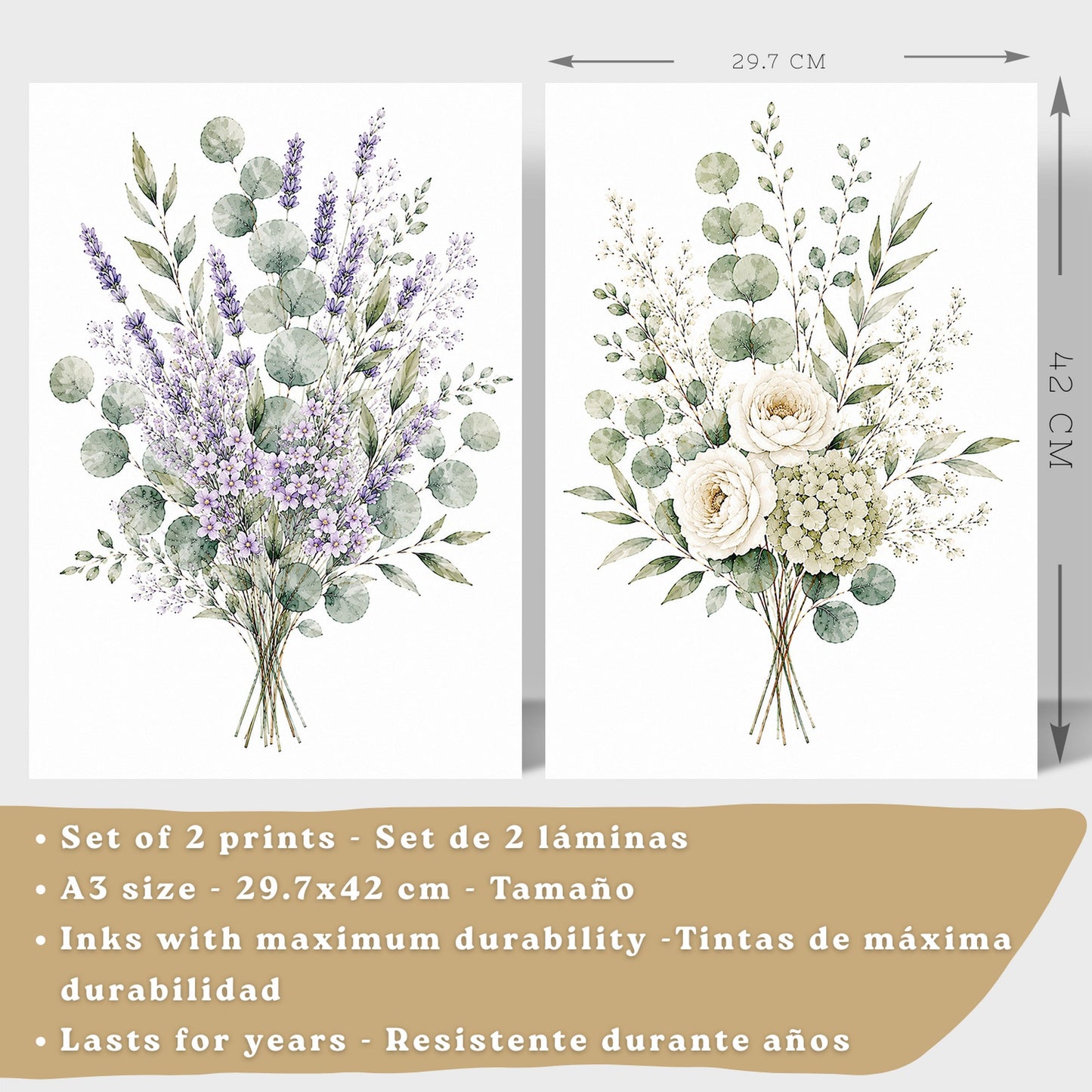 Posters Florales de Eucalipto con Lavanda y Flores Blancas
