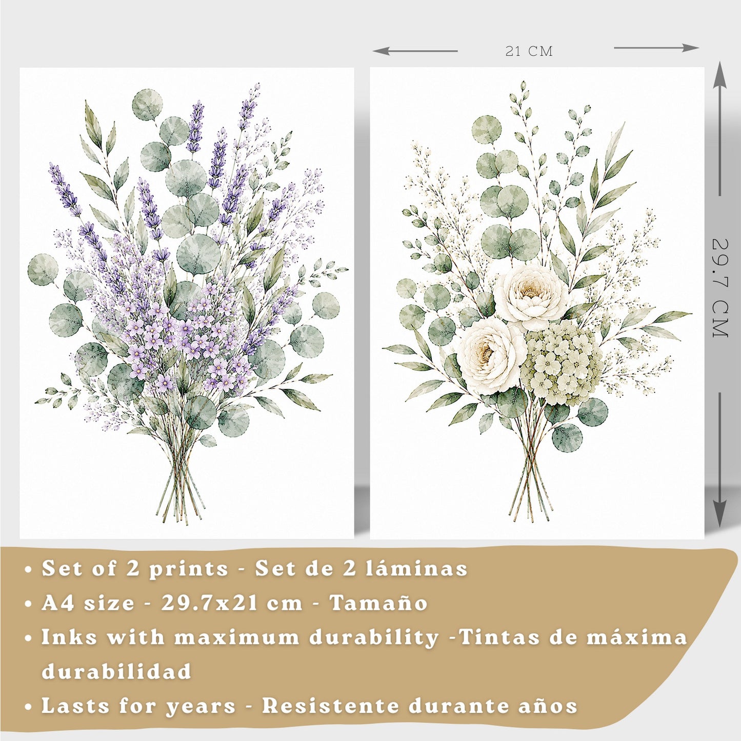 Posters Florales de Eucalipto con Lavanda y Flores Blancas