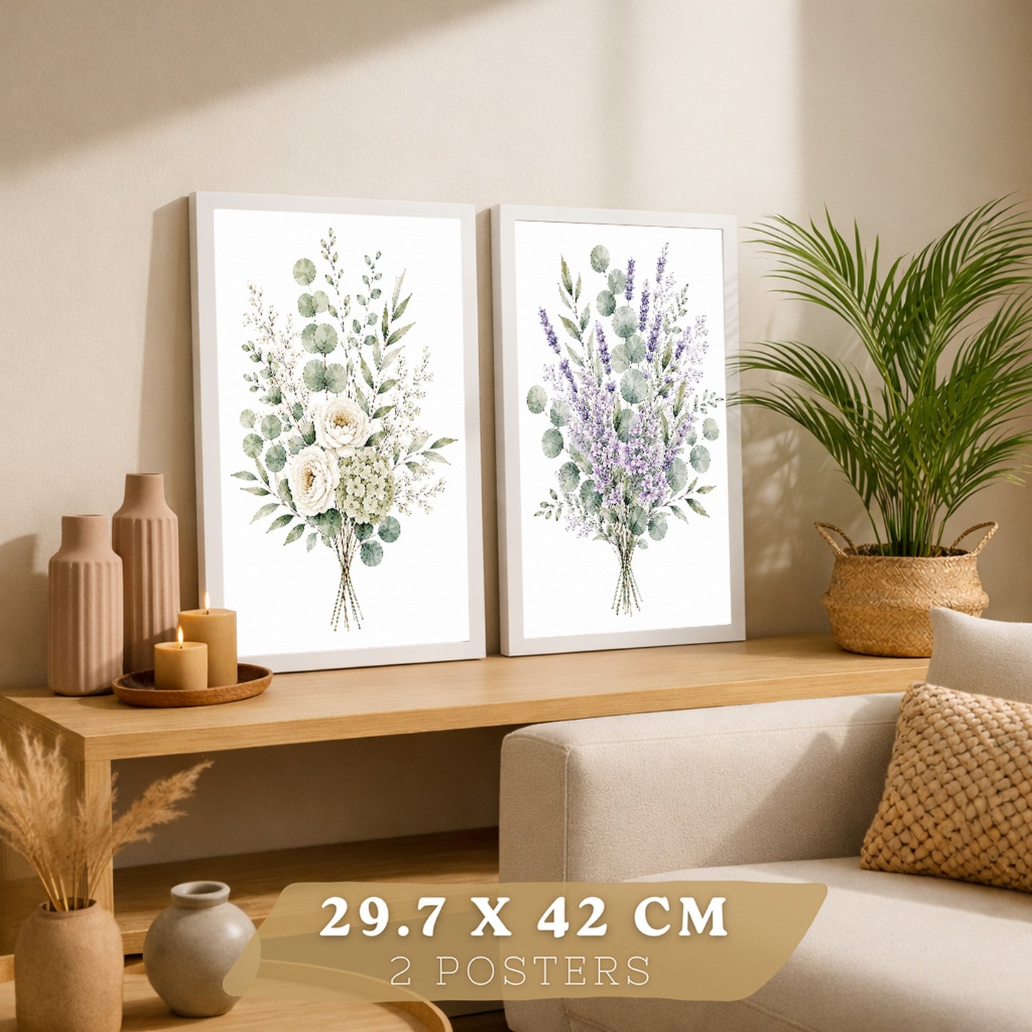Posters Florales de Eucalipto con Lavanda y Flores Blancas