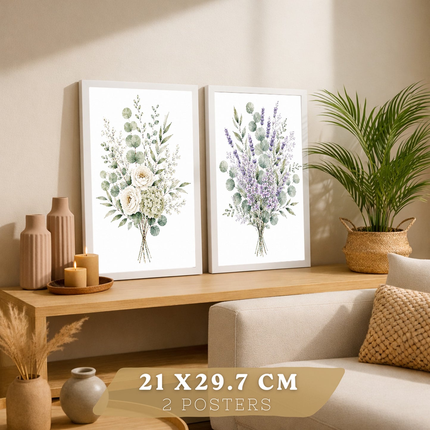 Posters Florales de Eucalipto con Lavanda y Flores Blancas
