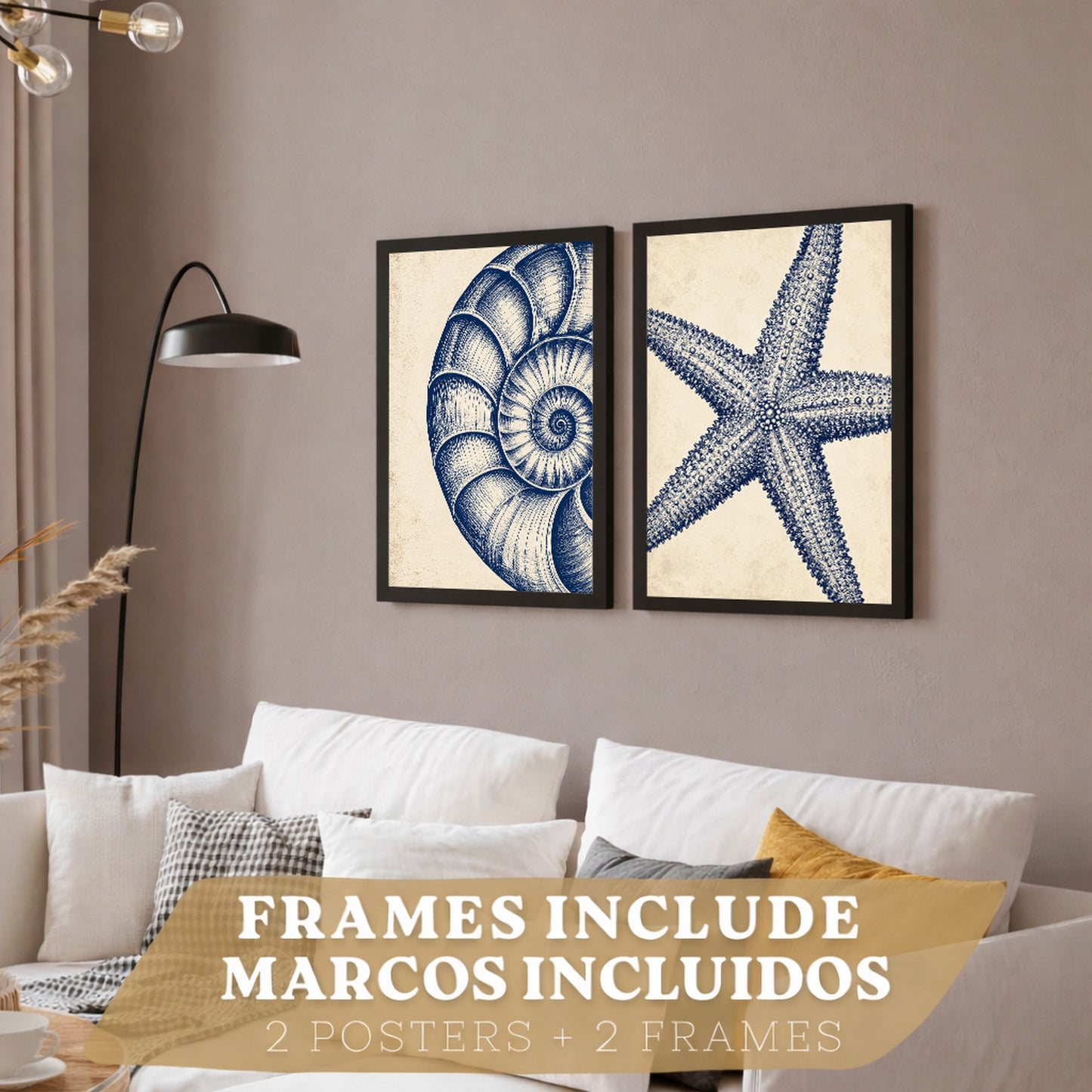 Posters de Azul Costero con Arte de Nautilus y Estrella de Mar
