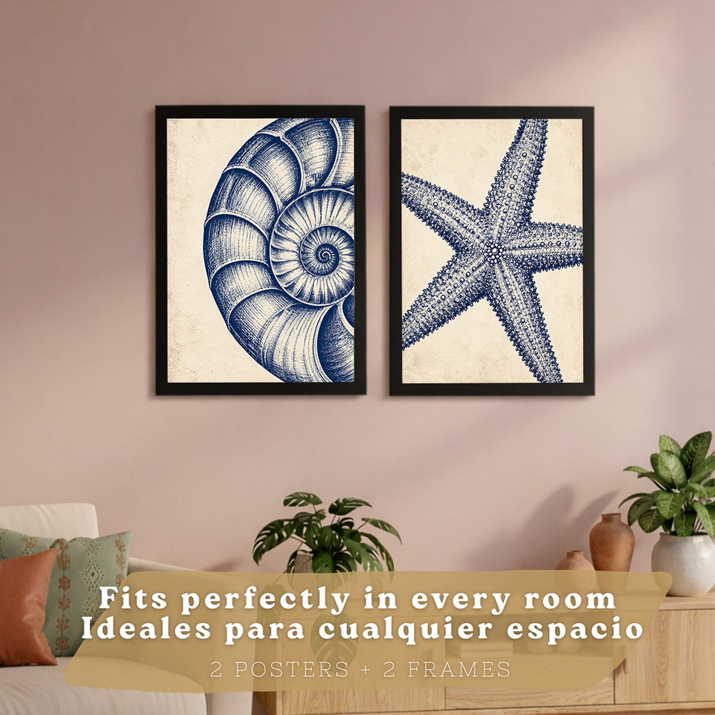 Posters de Azul Costero con Arte de Nautilus y Estrella de Mar