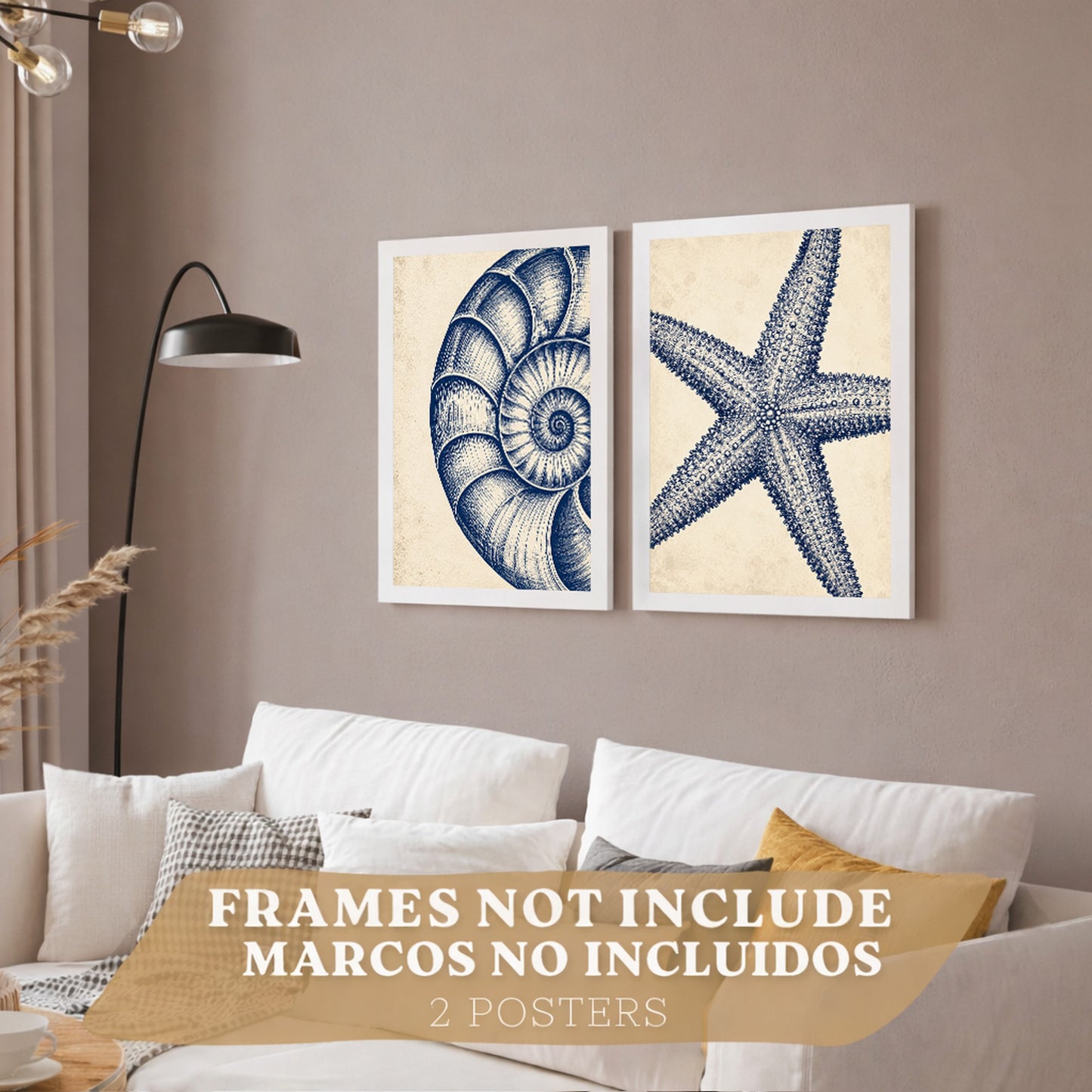 Posters de Azul Costero con Arte de Nautilus y Estrella de Mar