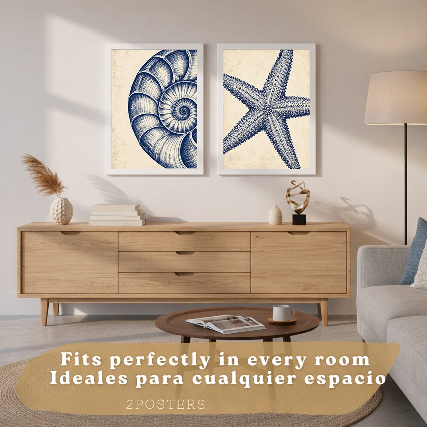 Posters de Azul Costero con Arte de Nautilus y Estrella de Mar