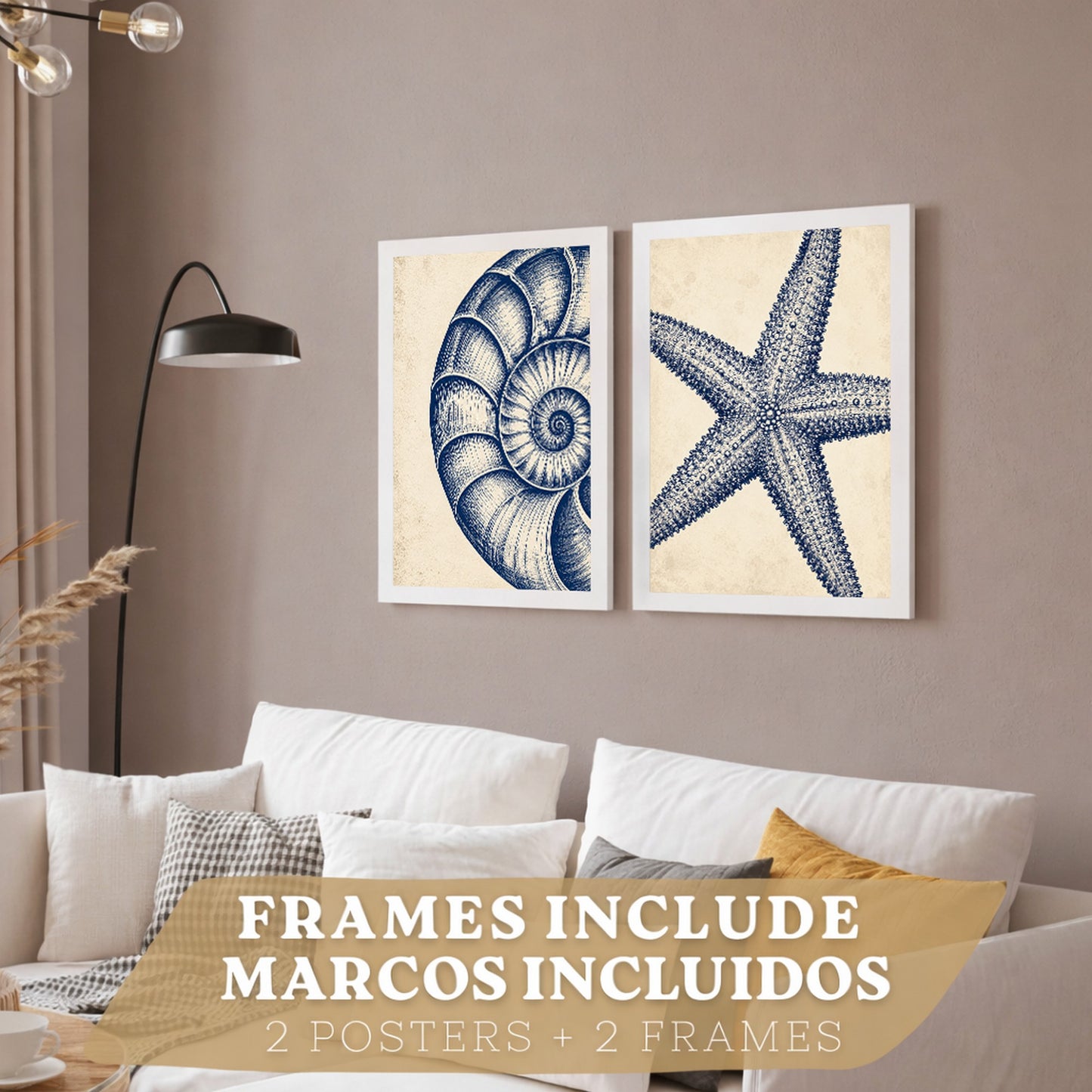 Posters de Azul Costero con Arte de Nautilus y Estrella de Mar