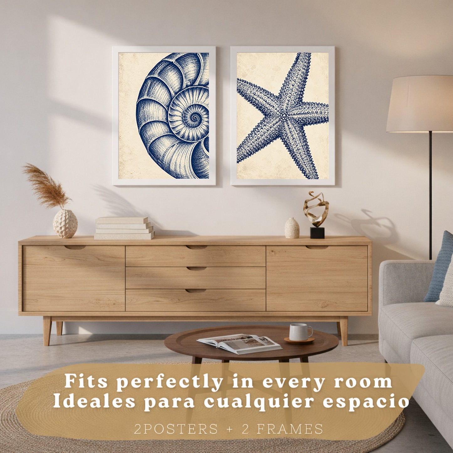Posters de Azul Costero con Arte de Nautilus y Estrella de Mar