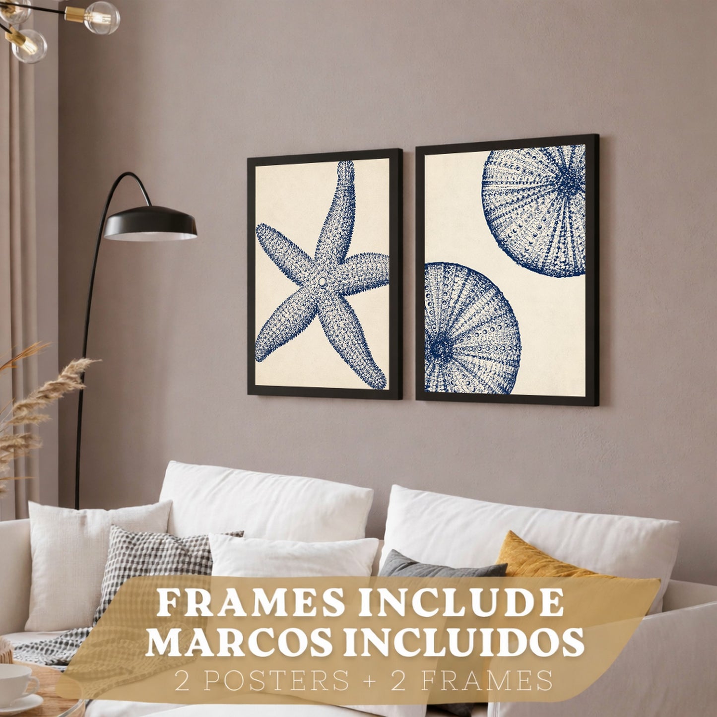 Posters de Azul Costero con Arte de Estrella de Mar y Erizo de Mar