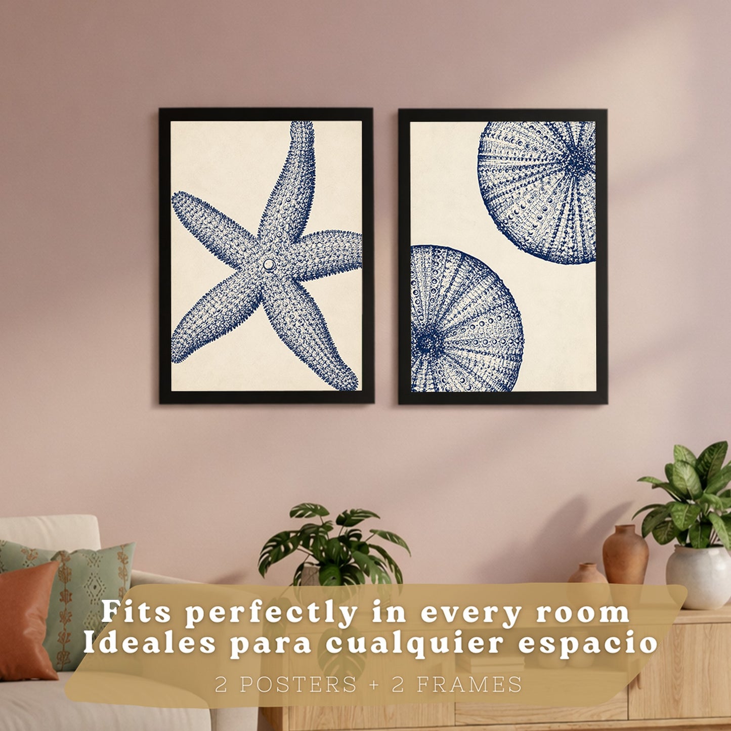 Posters de Azul Costero con Arte de Estrella de Mar y Erizo de Mar