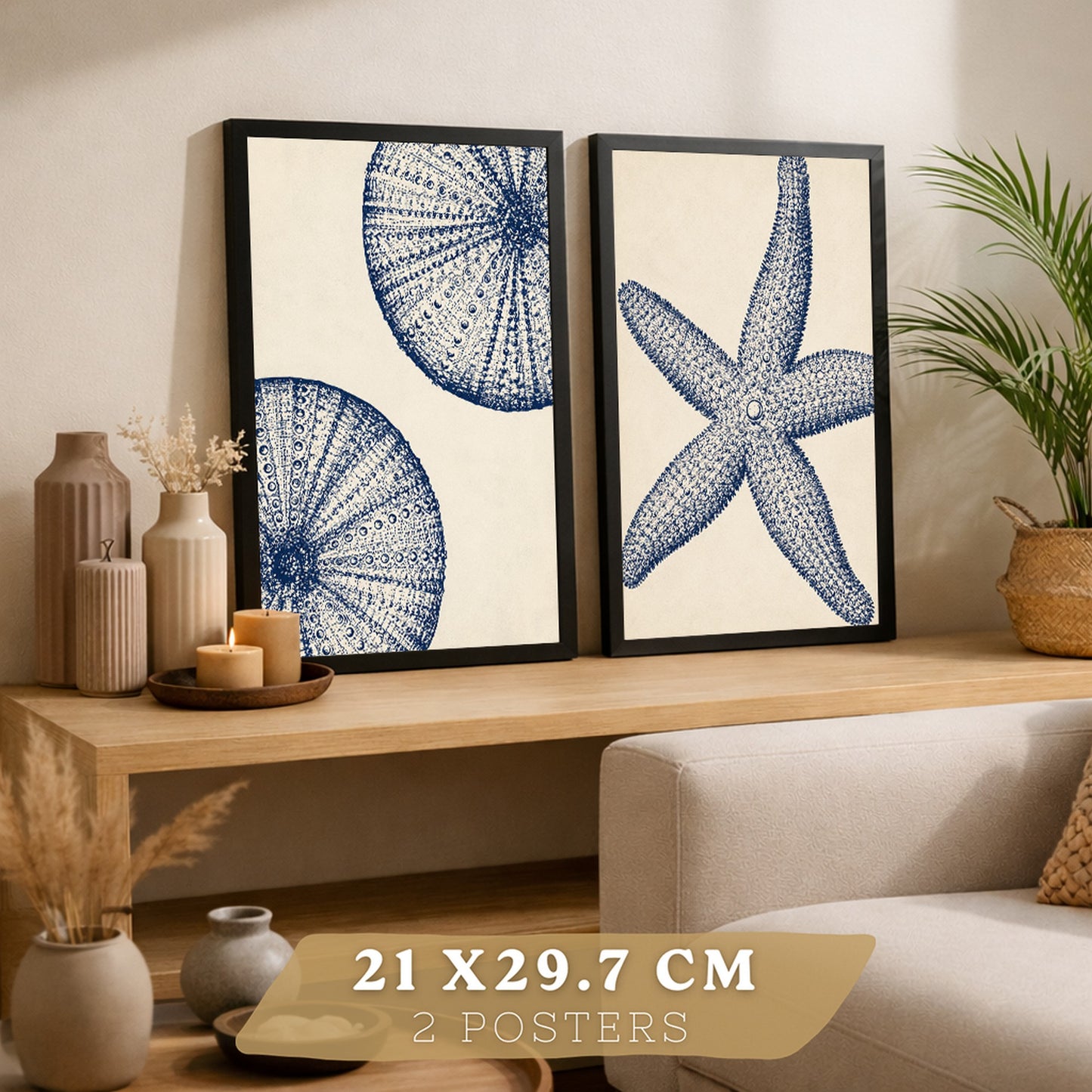 Posters de Azul Costero con Arte de Estrella de Mar y Erizo de Mar