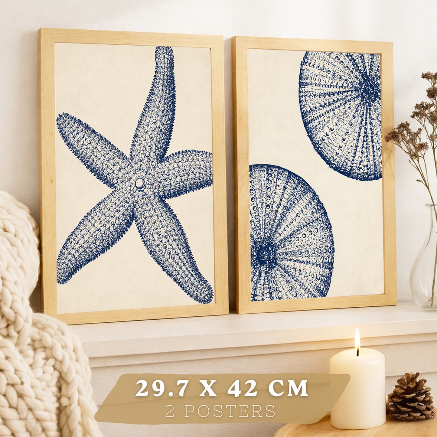 Posters de Azul Costero con Arte de Estrella de Mar y Erizo de Mar