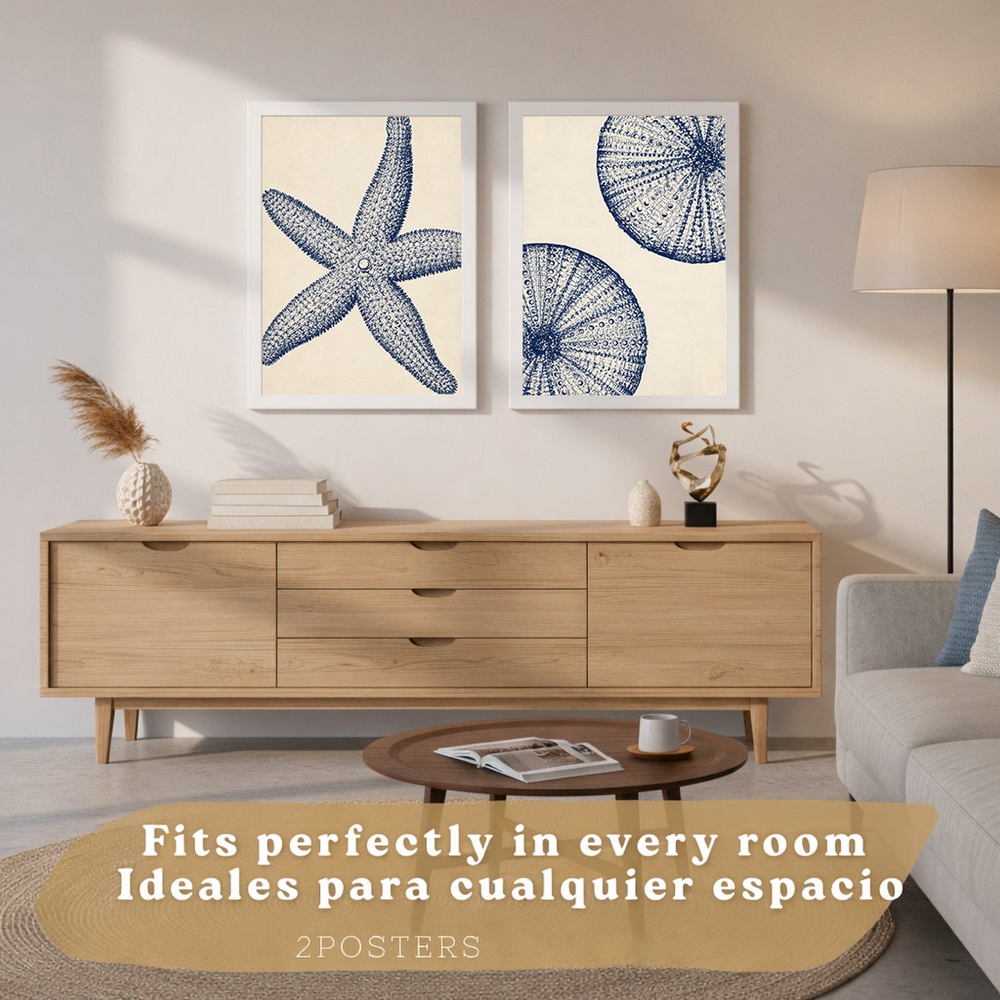 Posters de Azul Costero con Arte de Estrella de Mar y Erizo de Mar
