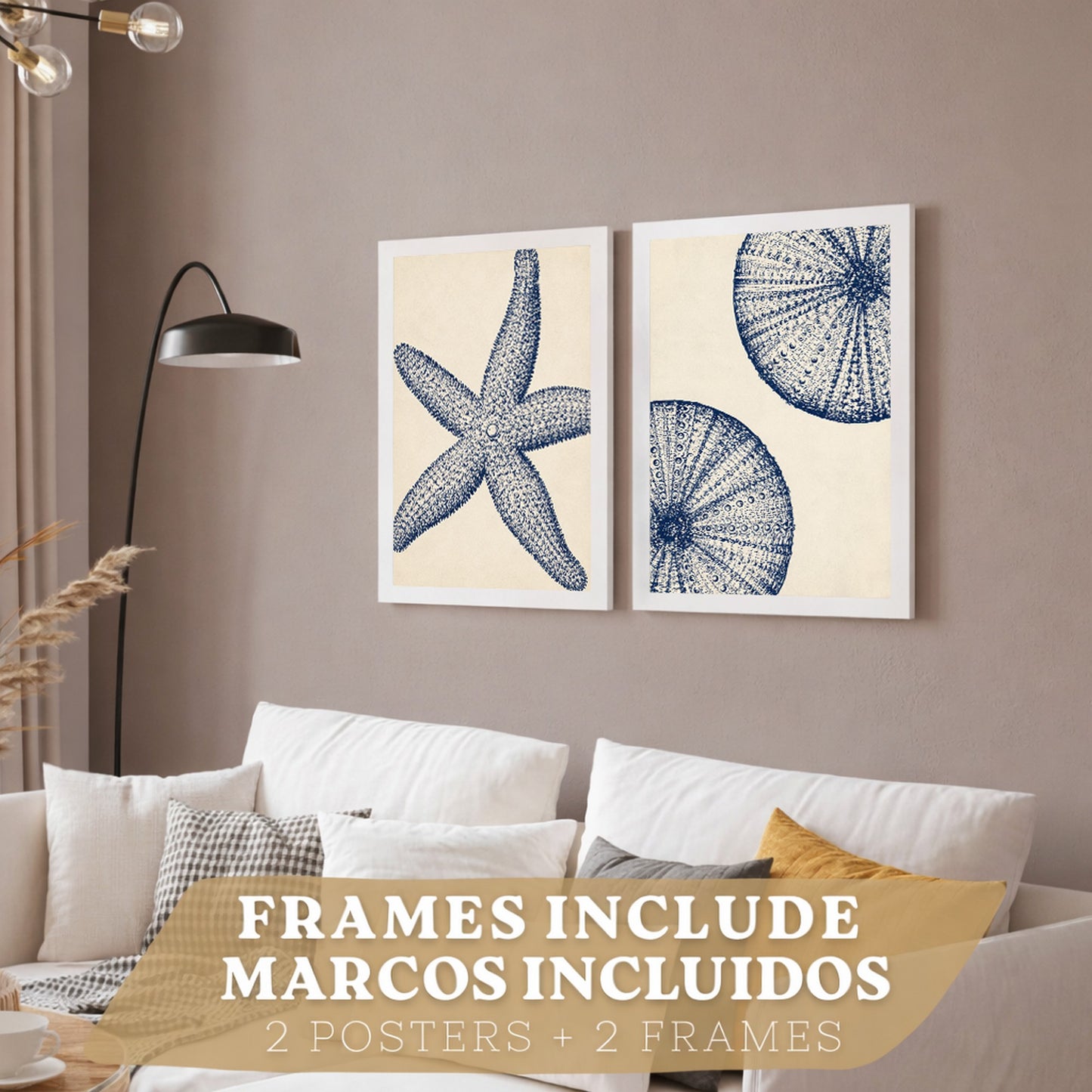 Posters de Azul Costero con Arte de Estrella de Mar y Erizo de Mar