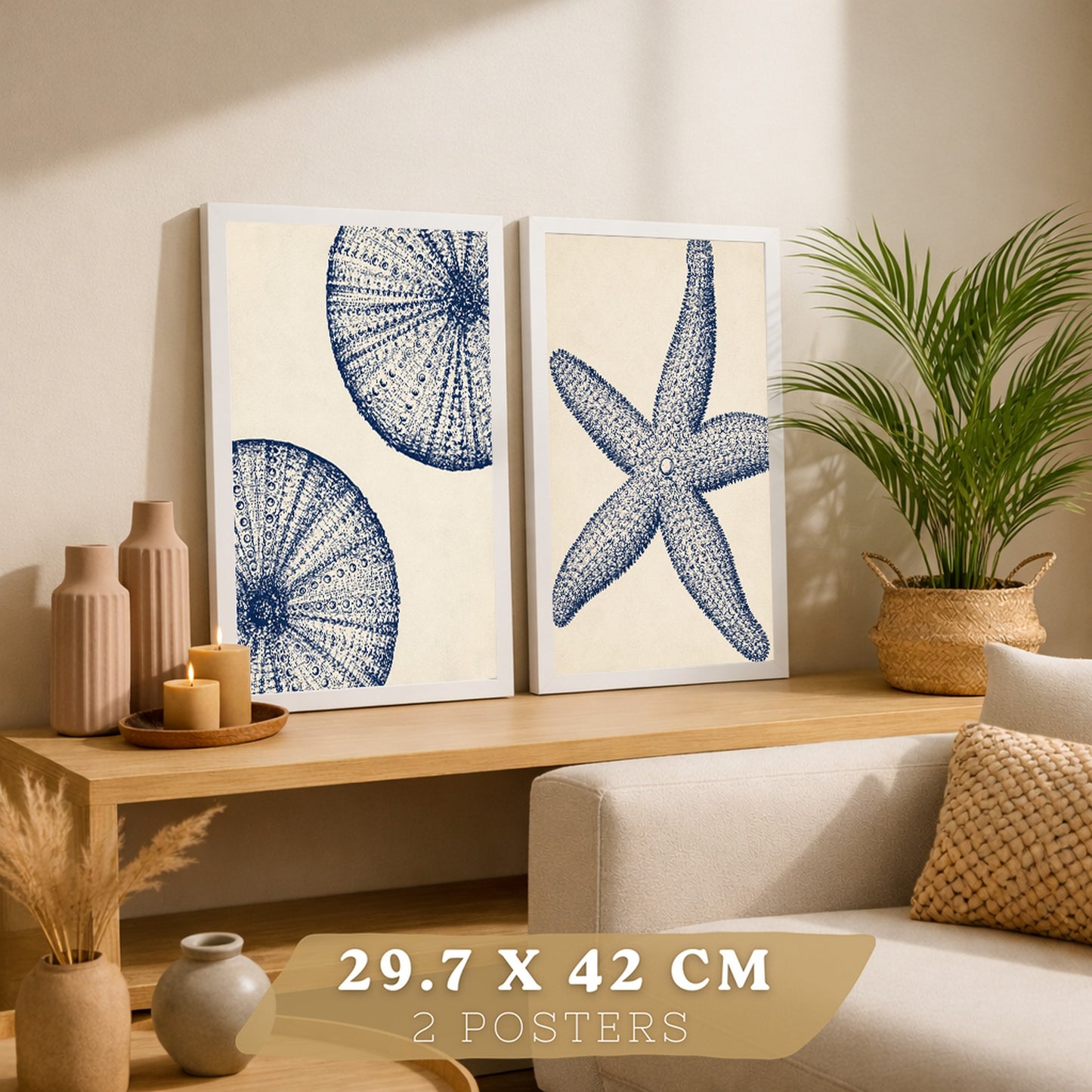 Posters de Azul Costero con Arte de Estrella de Mar y Erizo de Mar